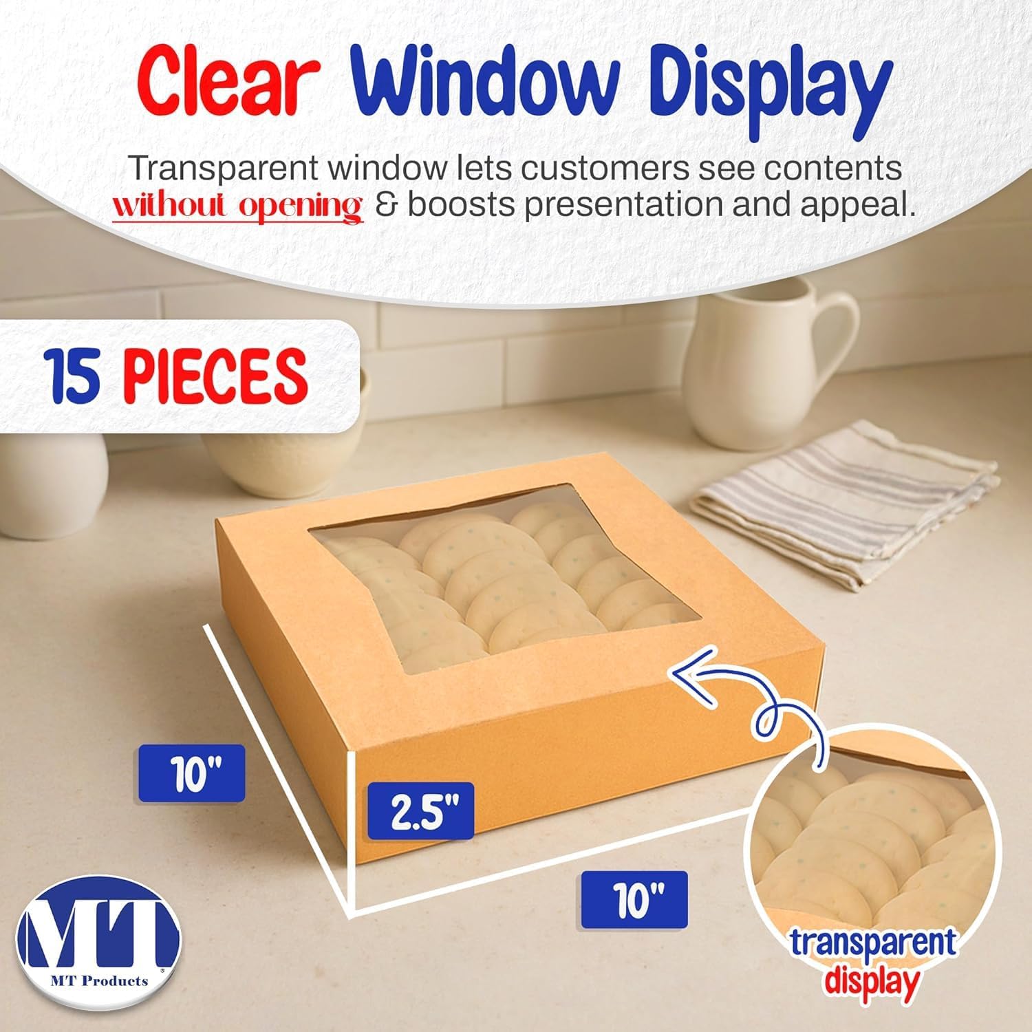 MT Products Kraft Pie Boxes 10" x 10" x 2.5" - Auto Pop-Up Bakery Cake Boxes with Window (Pack of 200) - Made in the USA