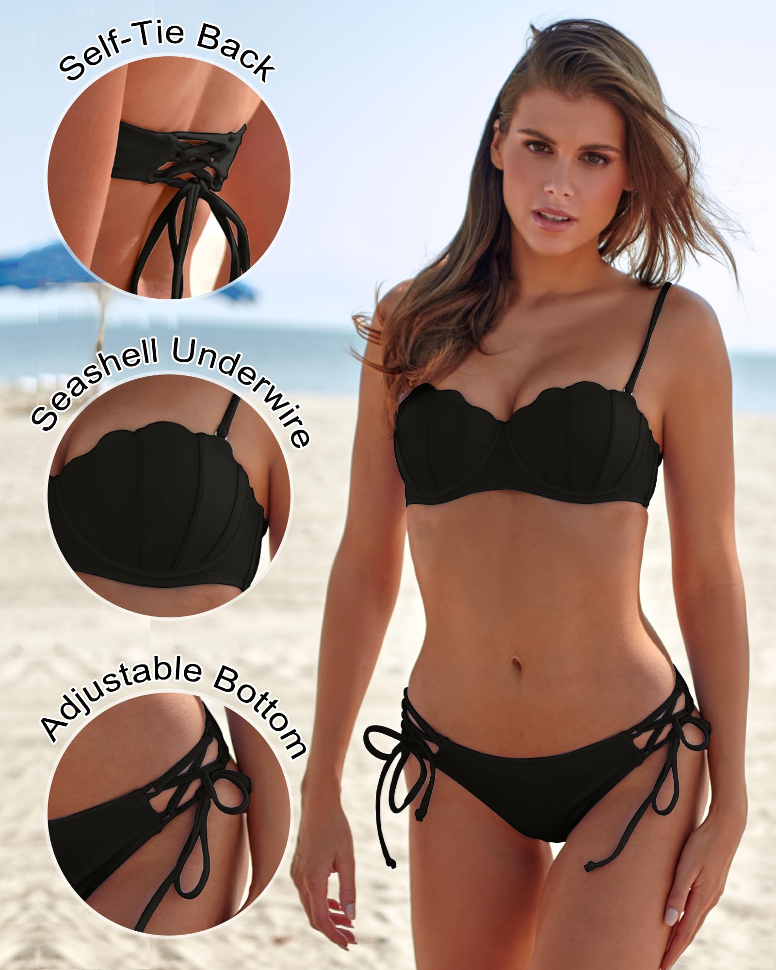 KerryKreey Underwire Swimsuits for Women Push Up Bikini Sets High Cut Cheeky Two Piece Lace Up Tie Side Bathing Suits: Medium Black Bikini Sets