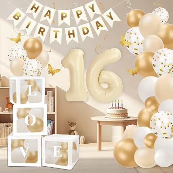 Sweet 16th Birthday Decorations 66pcs Party Decor Kit White Gold | Balloons Kit with Happy Birthday Banner, Number 16 Foil Balloon & Butterfly Decals for Sweet 16 Party Decor