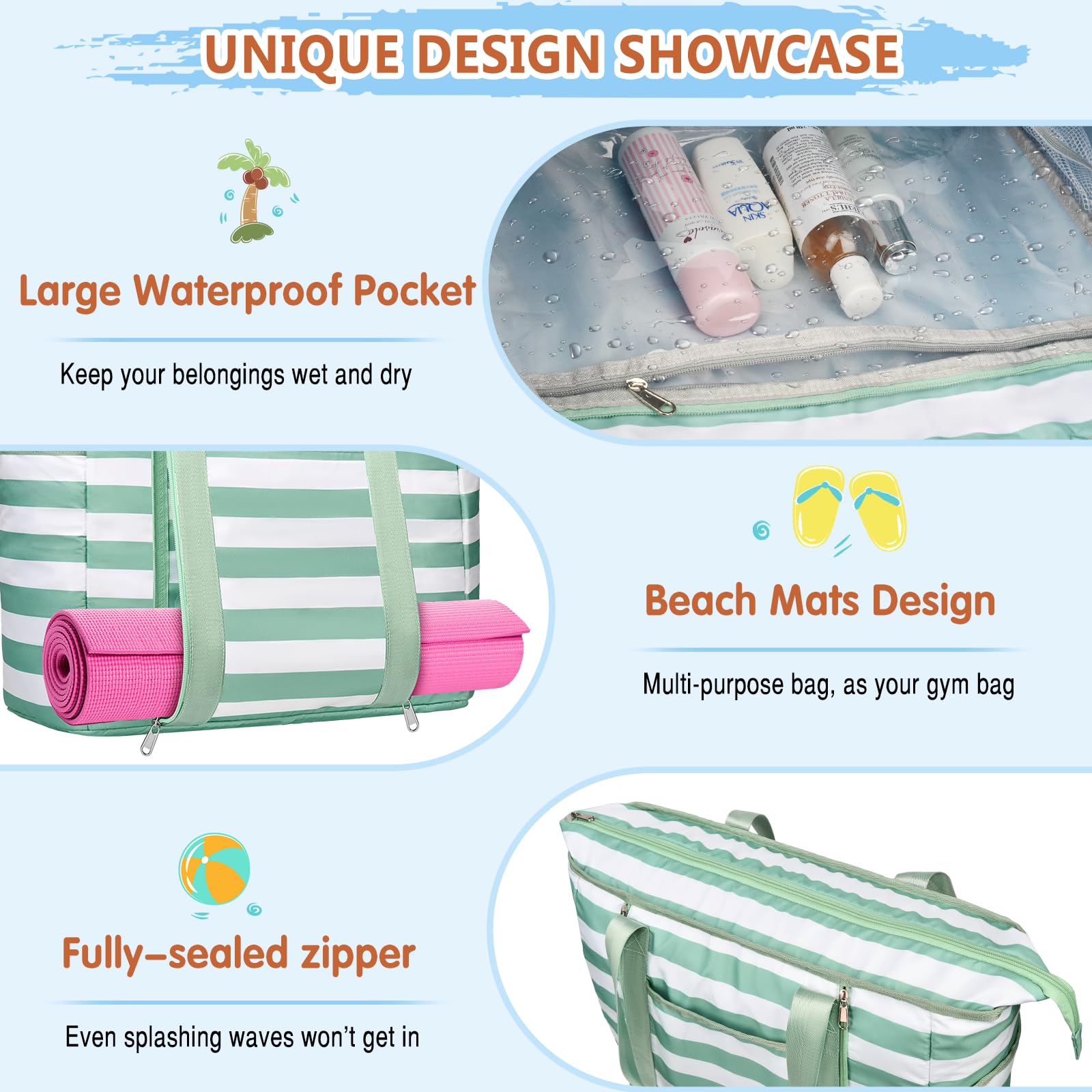Bolso Playa Mujer, 45L Bolso Playa Grande XXL Familiar con Cremallera, Impermeable Bolso Piscina Mujer Plegable Compartimento para Artículos Mojados Para Viajes, Picnic, Vacaciones