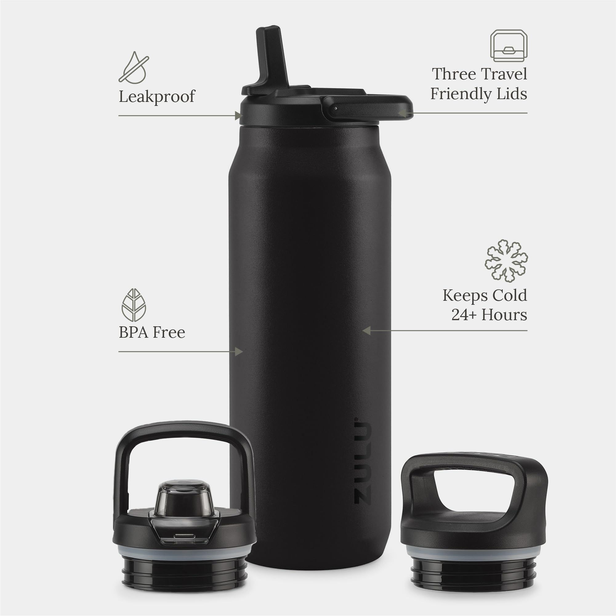 ZULU Core - Borraccia in acciaio inox con 3 coperchi, con cannuccia, chug, twist | thermos in metallo a doppia parete e isolamento sottovuoto, per palestra, attività all'aperto | passante per il