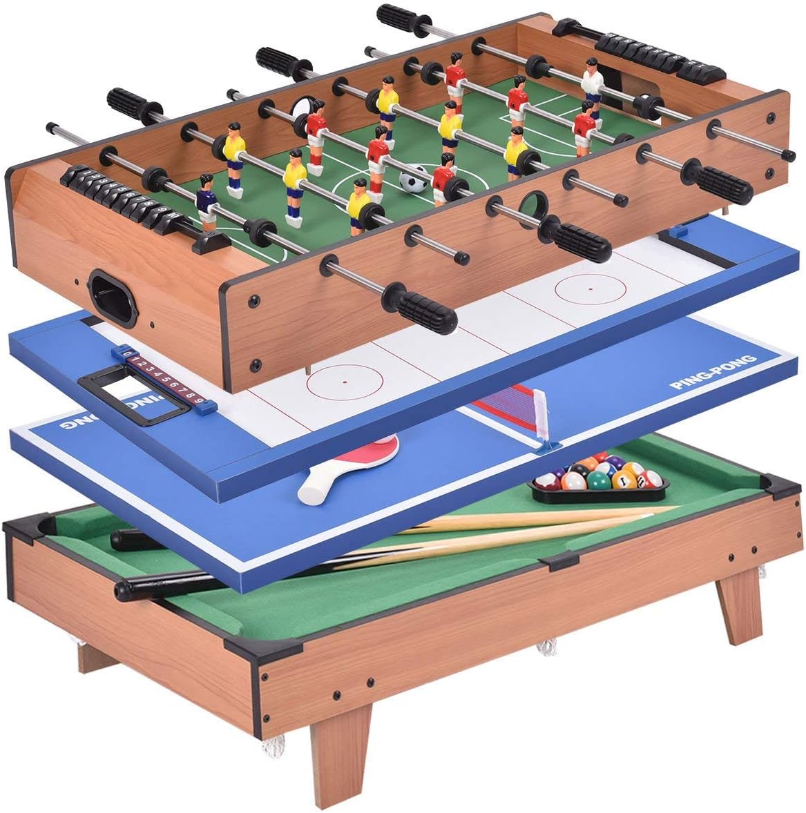 ReunionG 4 in 1 Multi Game Table Including Hockey Foosball Table Tennis Billiard Combination