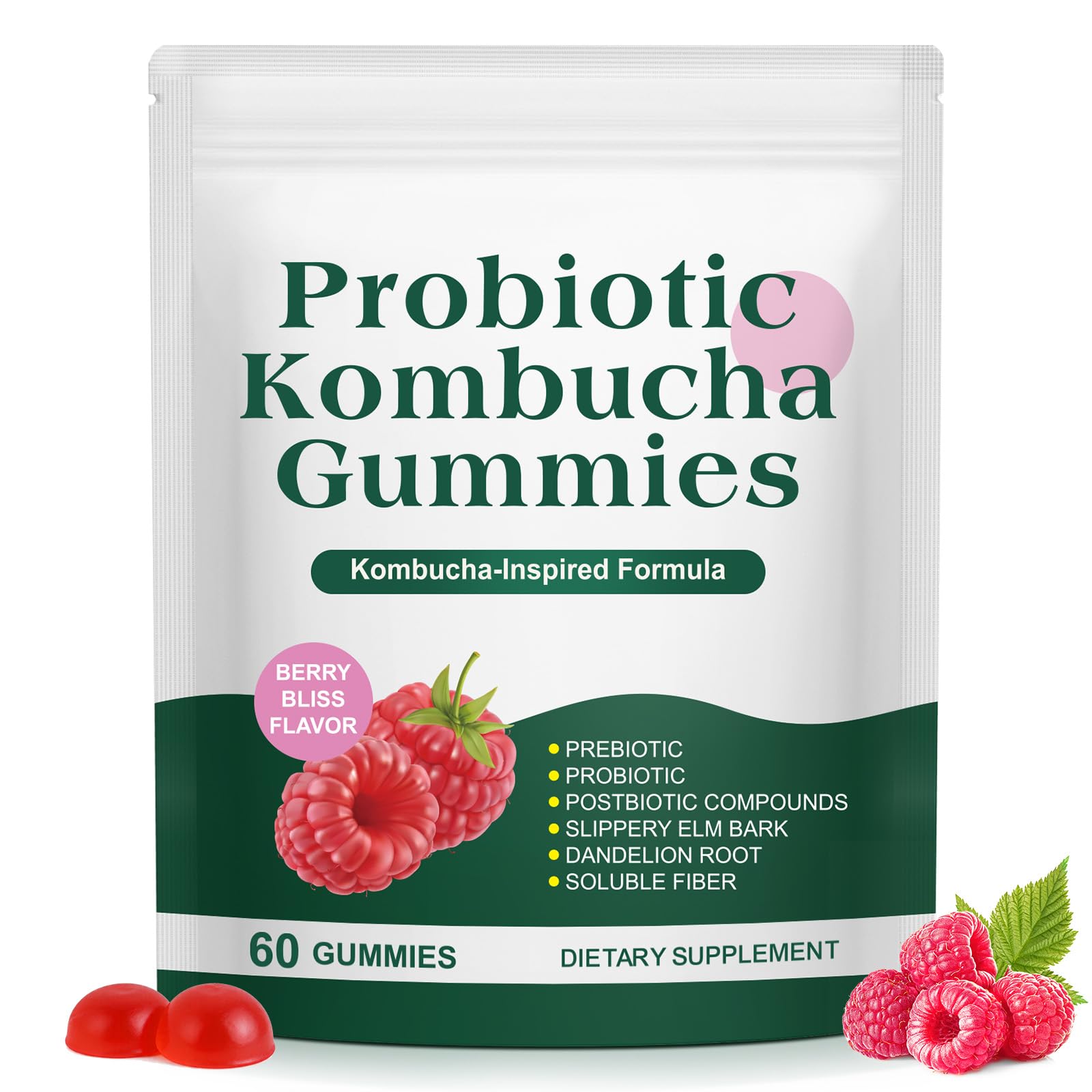 Probiotic Kombucha Gummies, Prebiotics, Probiotics & Postbiotics, Fiber Supplement, Digestive & Gut Health Support, Slippery Elm, Dandelion Root, for Bloating - 60 Gummies 1 Pack