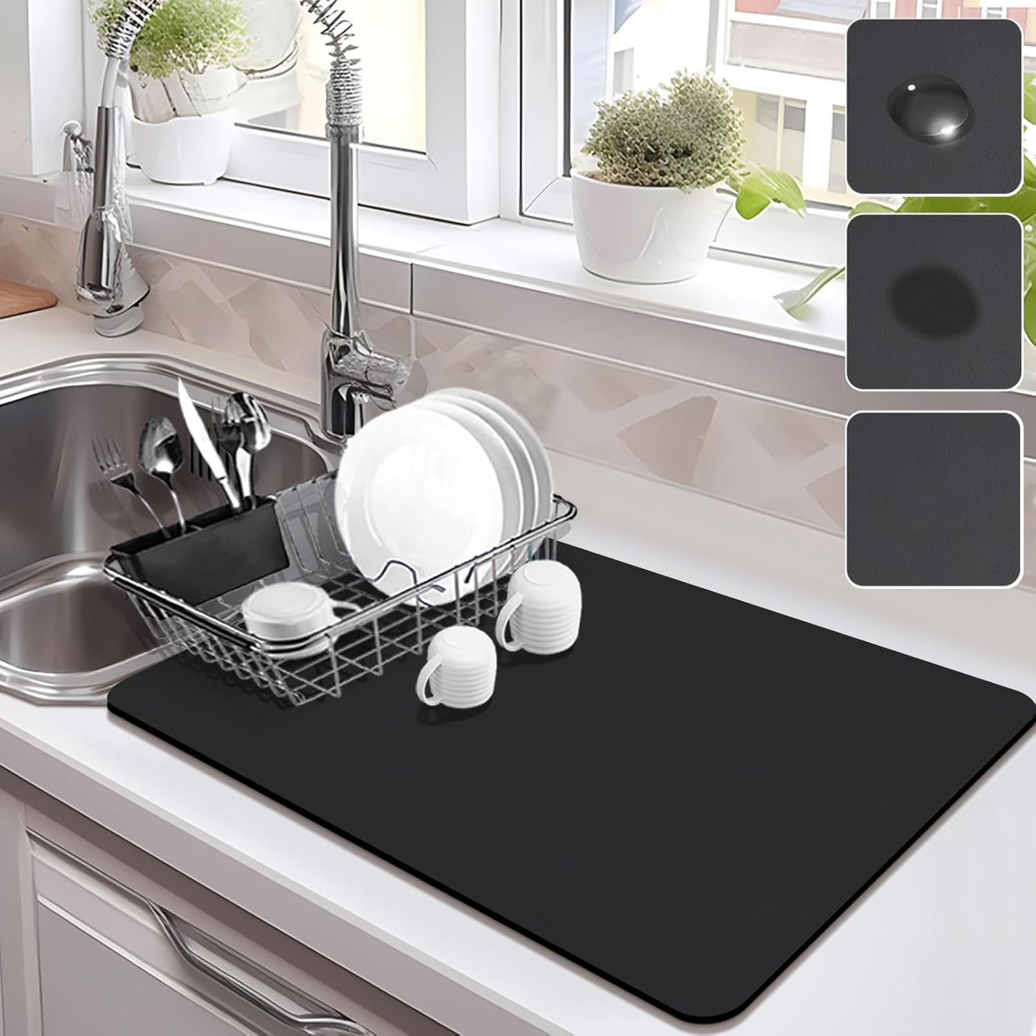 Dish Drying Mat,Non-Slip Draining Mat Rubber Backing,Absorbent Hide Stain Drying Mat for Kitchen Countertops,Quick Dry Coffee Mat (Black, 30x40cm) — image 1
