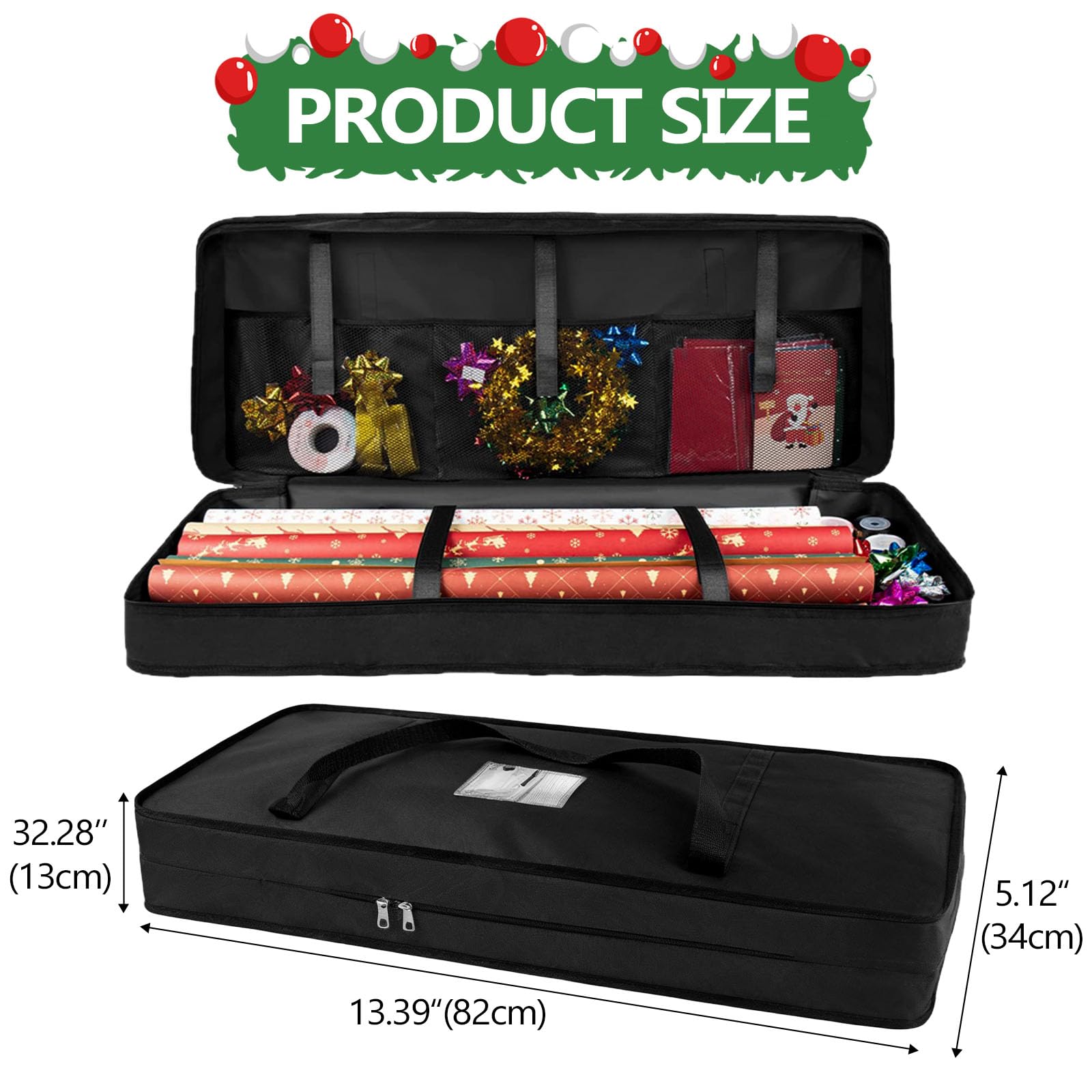 Organizer Carta Regalo in Tessuto Oxford 600D,Borsa per Carta Regali Rotolo con Cerniera e Manici 82 x 12 x 34 cm,Custodia per Pacchetti Regalo con Scomparti per Rotoli e Nastri