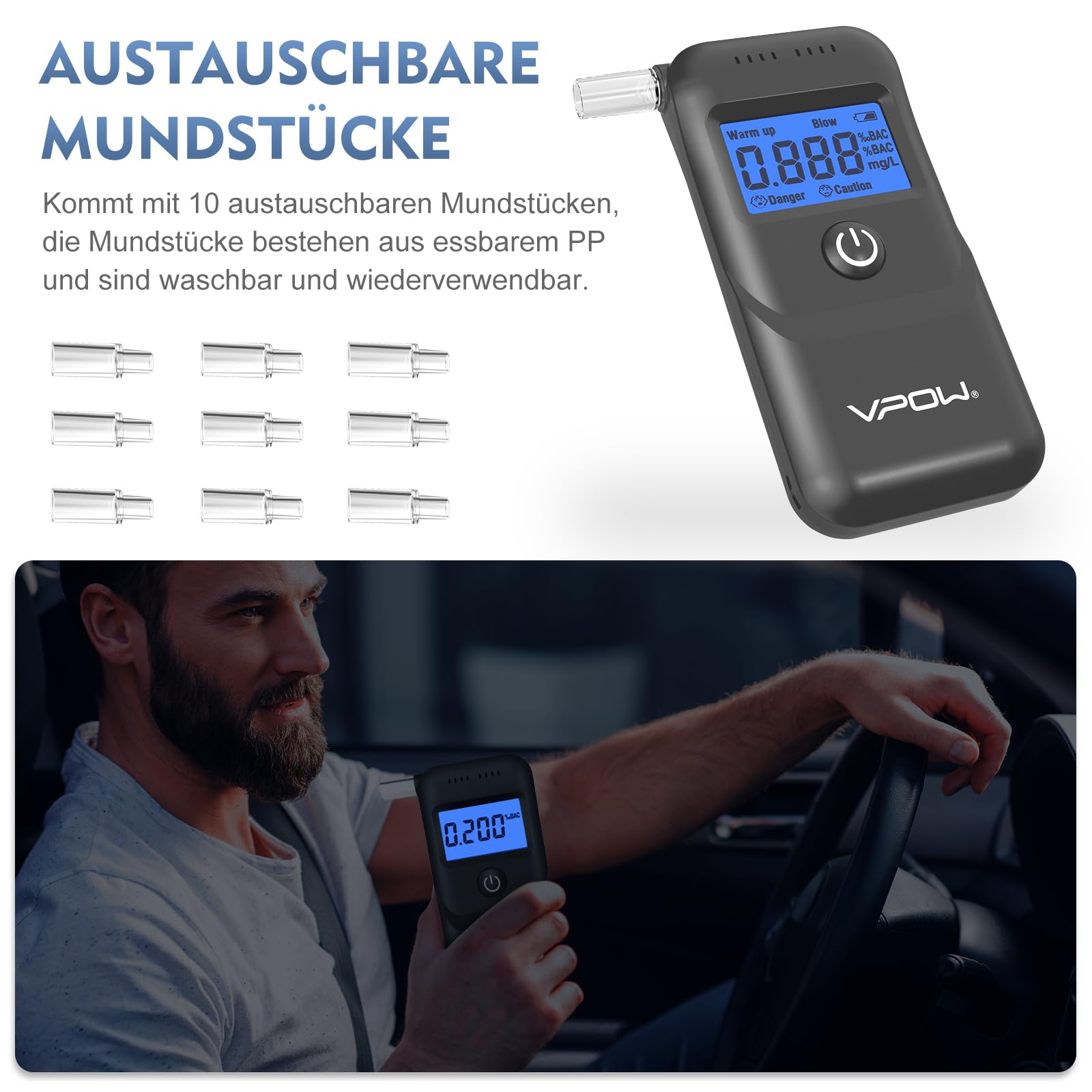 VPOW Ethylotest, Éthylotest Electronique avec Affichage Numérique LCD Bleu, Précision de Qualité, Alcootest Électronique Personnel pour Usage Domestique et Professionnel - Gris