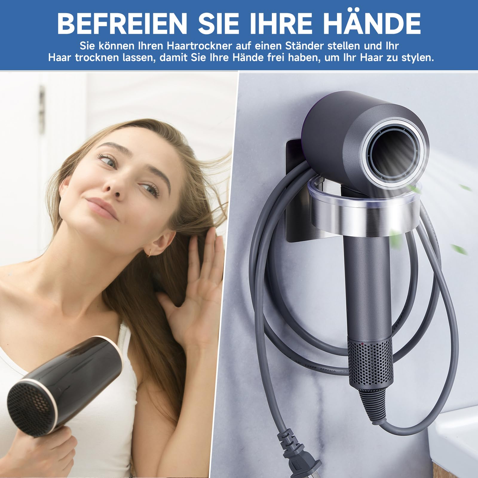 Soporte secador de pelo de acero inoxidable, Porta secador de pelo sin taladro para baño