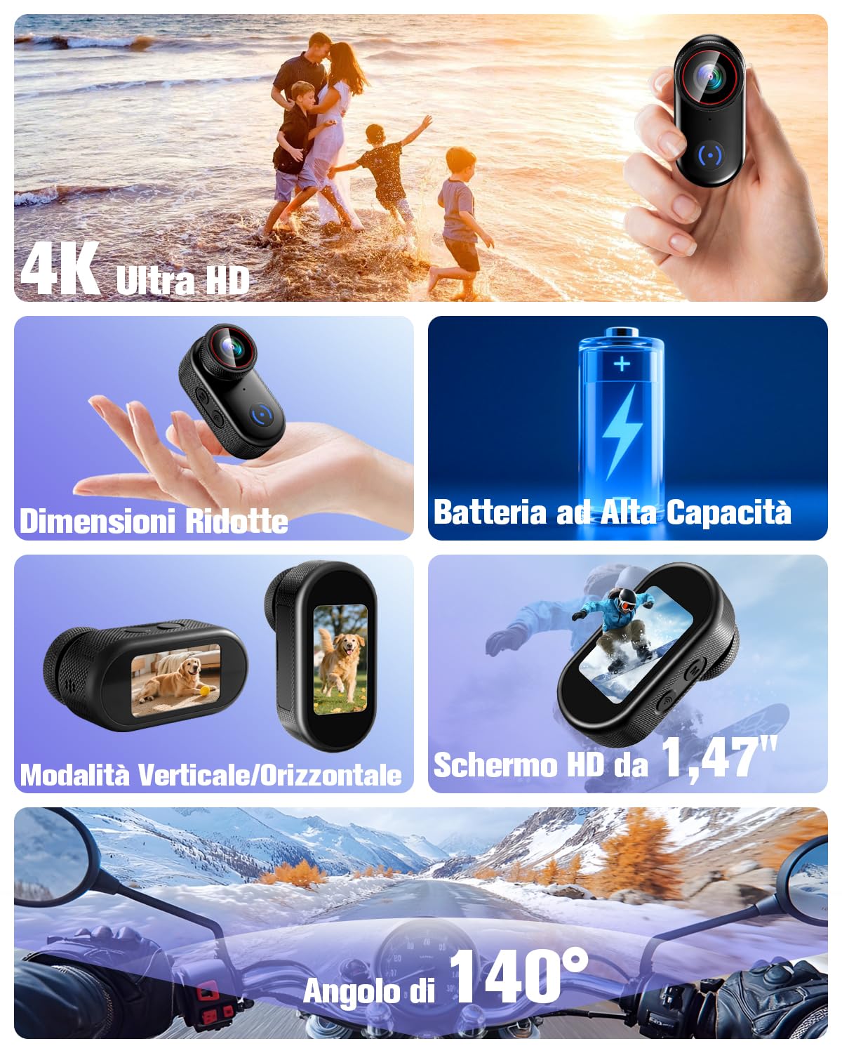 Generico Action Cam 4K, Mini Body Cam WiFi, 360° Portatile Telecamera Sportiva, Moto Videocamera POV Magnetica, Telecamera Casco con Accessori Multifunzione per Ciclismo, Animali Domestici, Vlogging