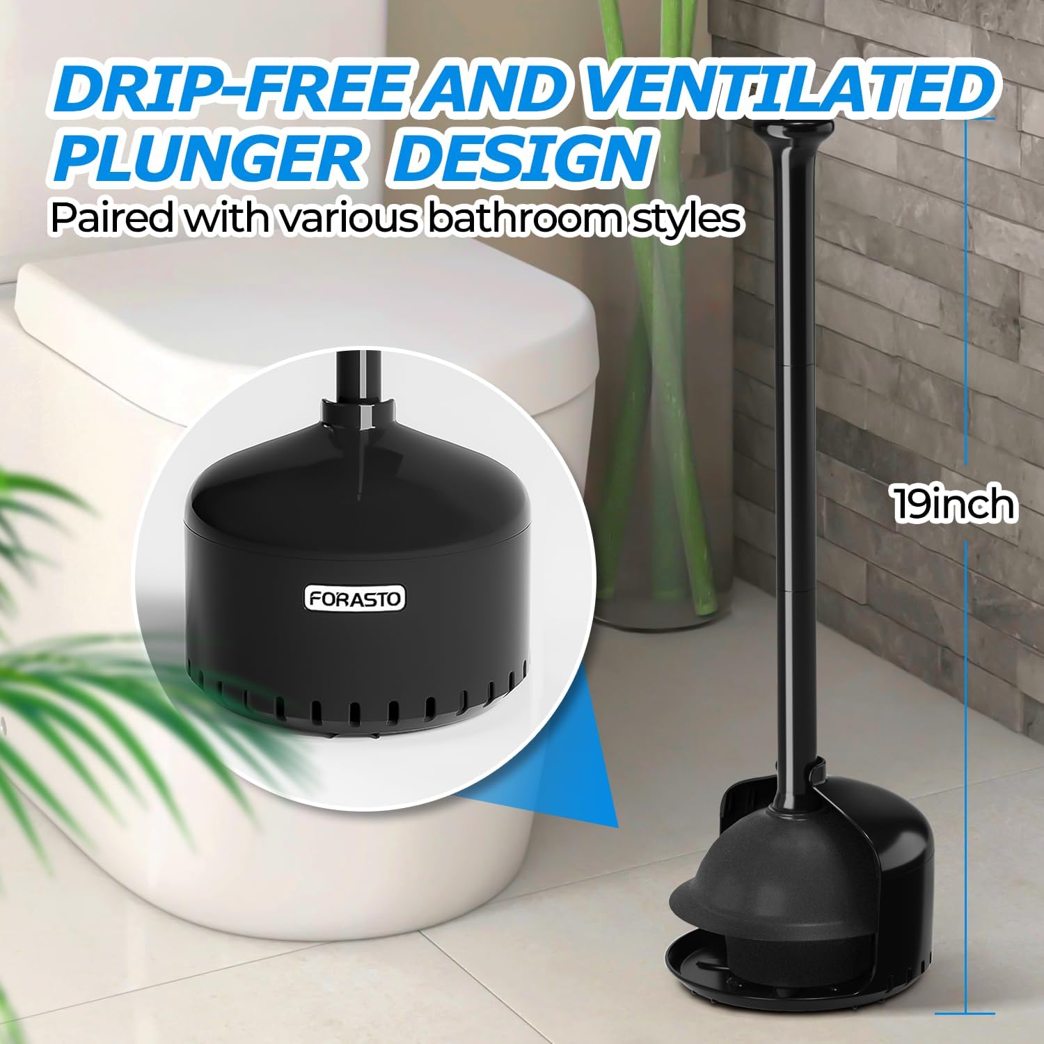 FORASTO 3Pack Toilet Plunger with Holder,Plungers for Bathroom with Holder,Plunger with Cover,Bathroom Decor，Bathroom Accessories，Kids' Bathroom Accessory Sets,Bright Black(19inch)