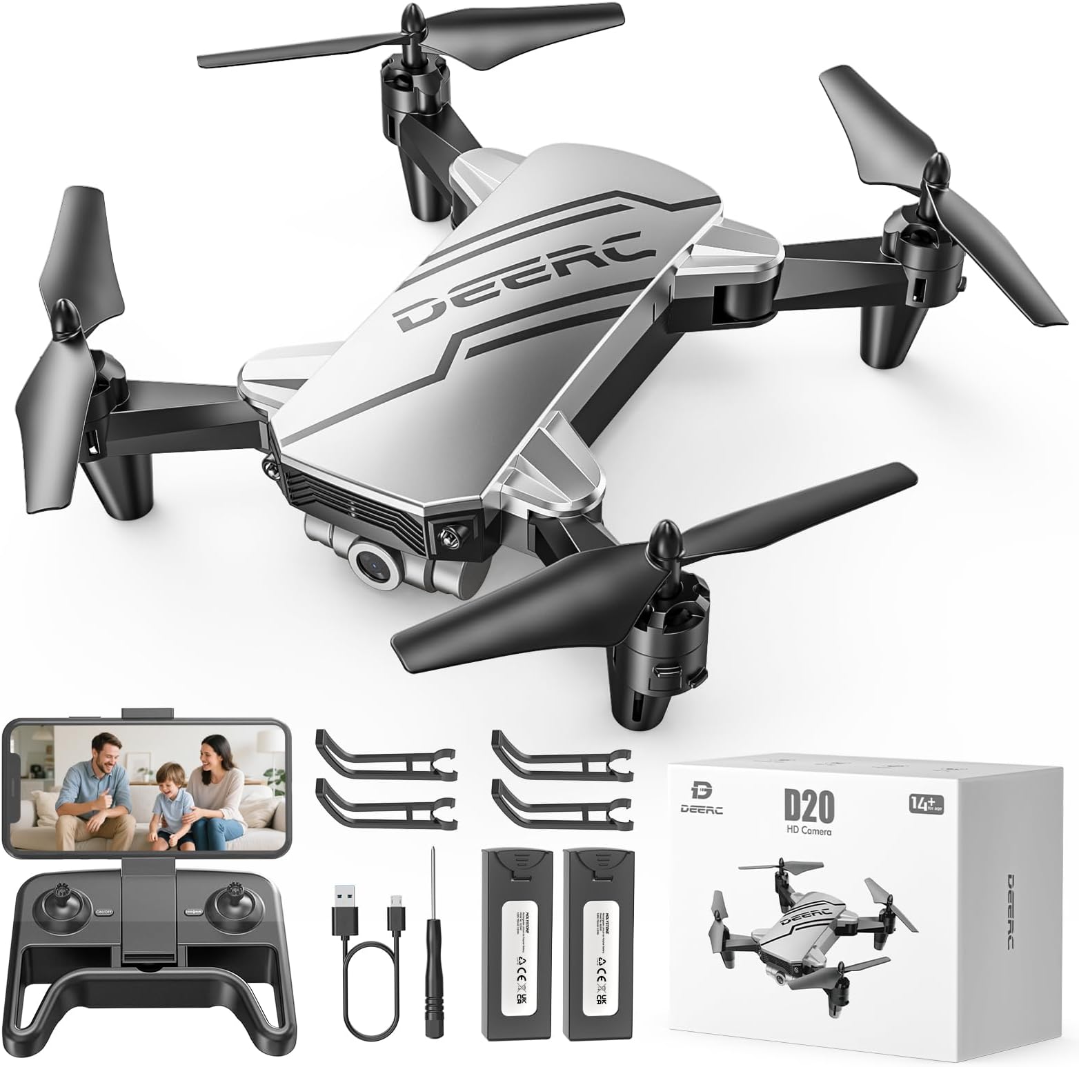 DEERC D20 Mini Drone for Kids with 1080P HD FPV Camera, Foldable RC Quadcopter for Boys Girls with Altitude Hold, Headless Mode, One Key Start, Tap Fly, Speed Adjustment, 3D Flips, 2 Modular Batteries