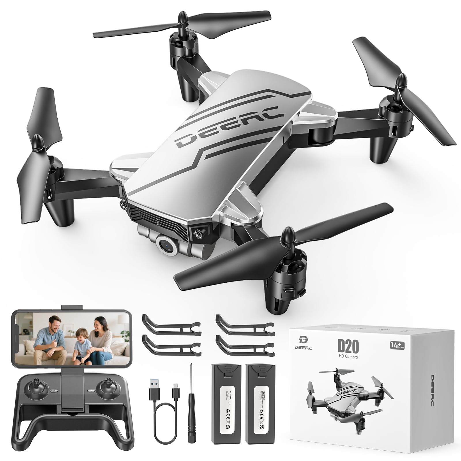 DEERC Mini Drone avec caméra quadricoptère 1080P pour enfants ou adultes avec 2 batteries, pliable, commutation automatique de la souris, contrôle vocal/gestuel, contrôle de la vitesse D20 Bleu