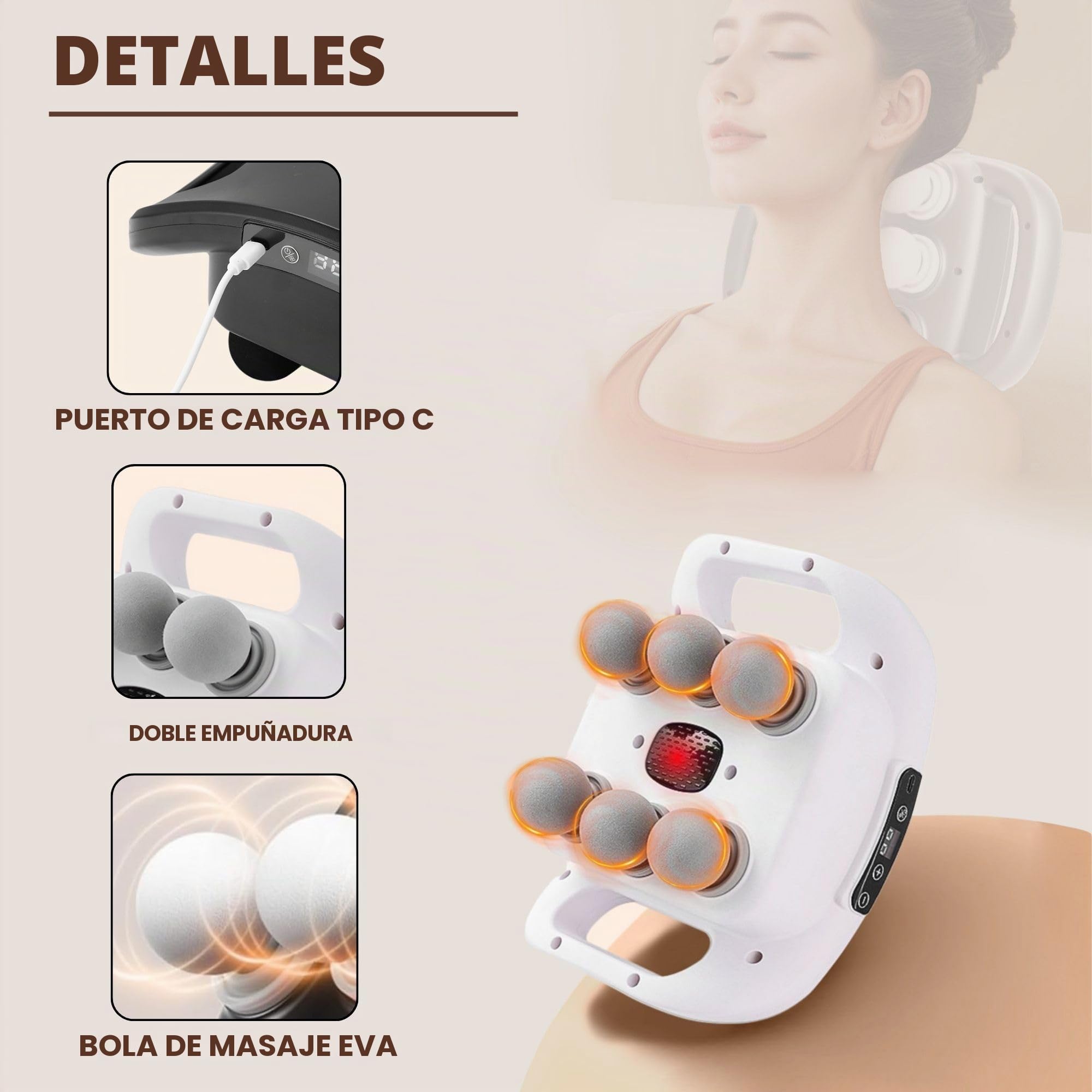 Masajeador Eléctrico de 6 Cabezas. Pistola de Masaje Muscular con 9 Niveles y 9 Modos. Cojín Masajeador para la Espalda, Piernas, Muslos, Abdomen. Herramienta de Masajes para Relajación.