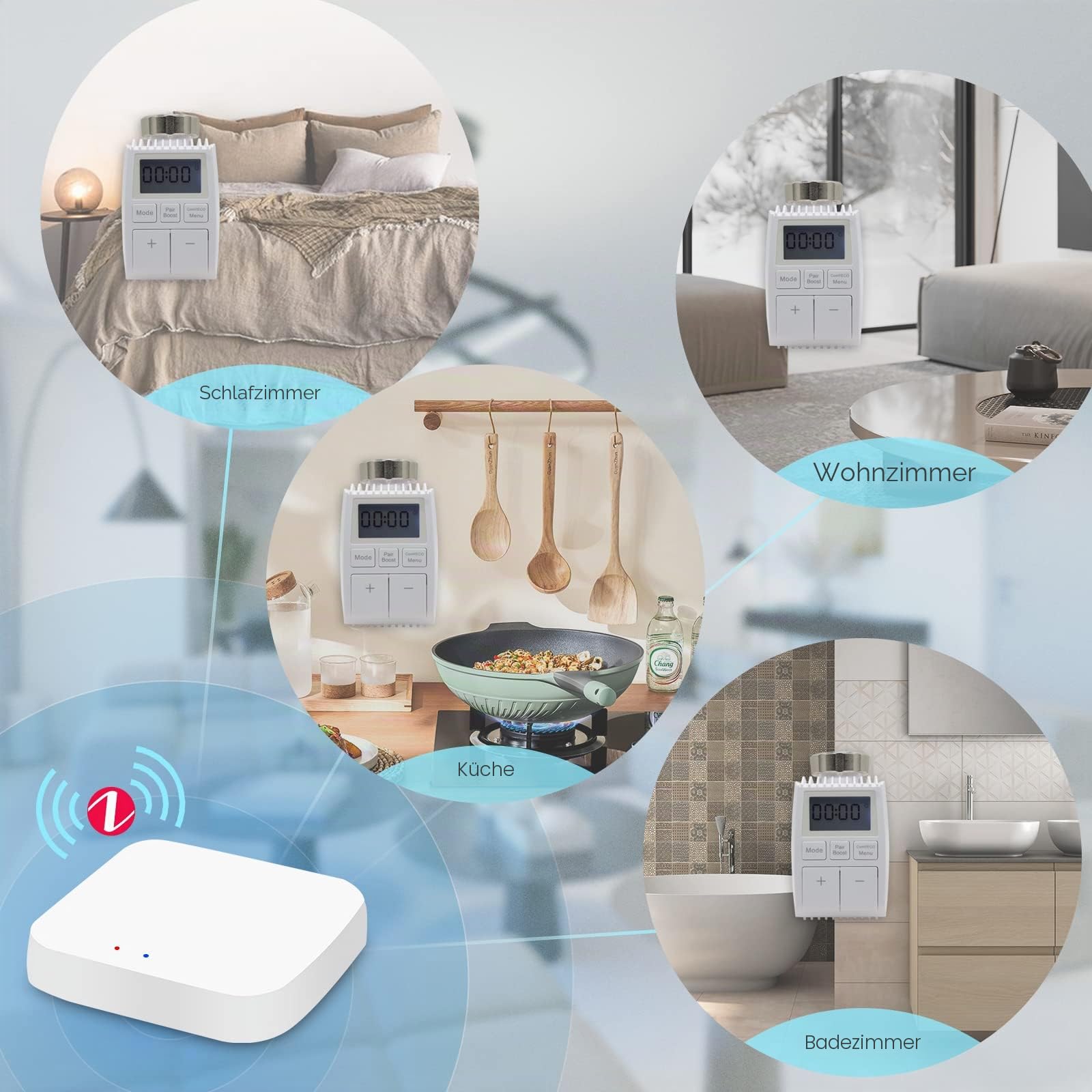 BSEED Smart Home 4er Pack Wifi Thermostat Heizung mit Zigbee Hub Heizkörperthermostat ECO Heizkosten sparen Heizkörperthermostatventil Alexa Google Home Tuya kompatibel LCD-Display ohne Batterien