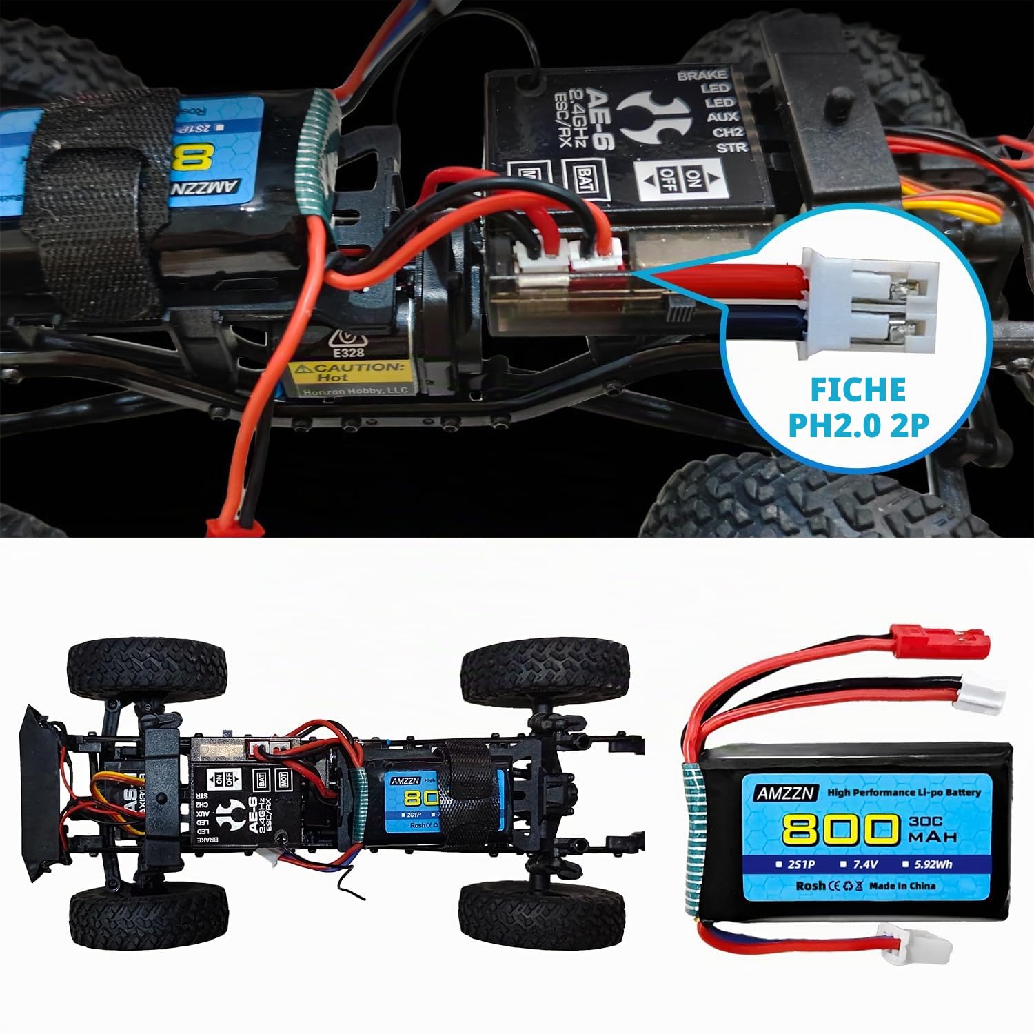 2 pièces 7,4V 2S 30C 800mAh Lipo Batterie JST Prise et Prise PH2.0 avec Chargeur 2 en 1 adapté pour véhicules SCX24 RC, Compatible avec la Plupart des camions RC et Drones télécommandés