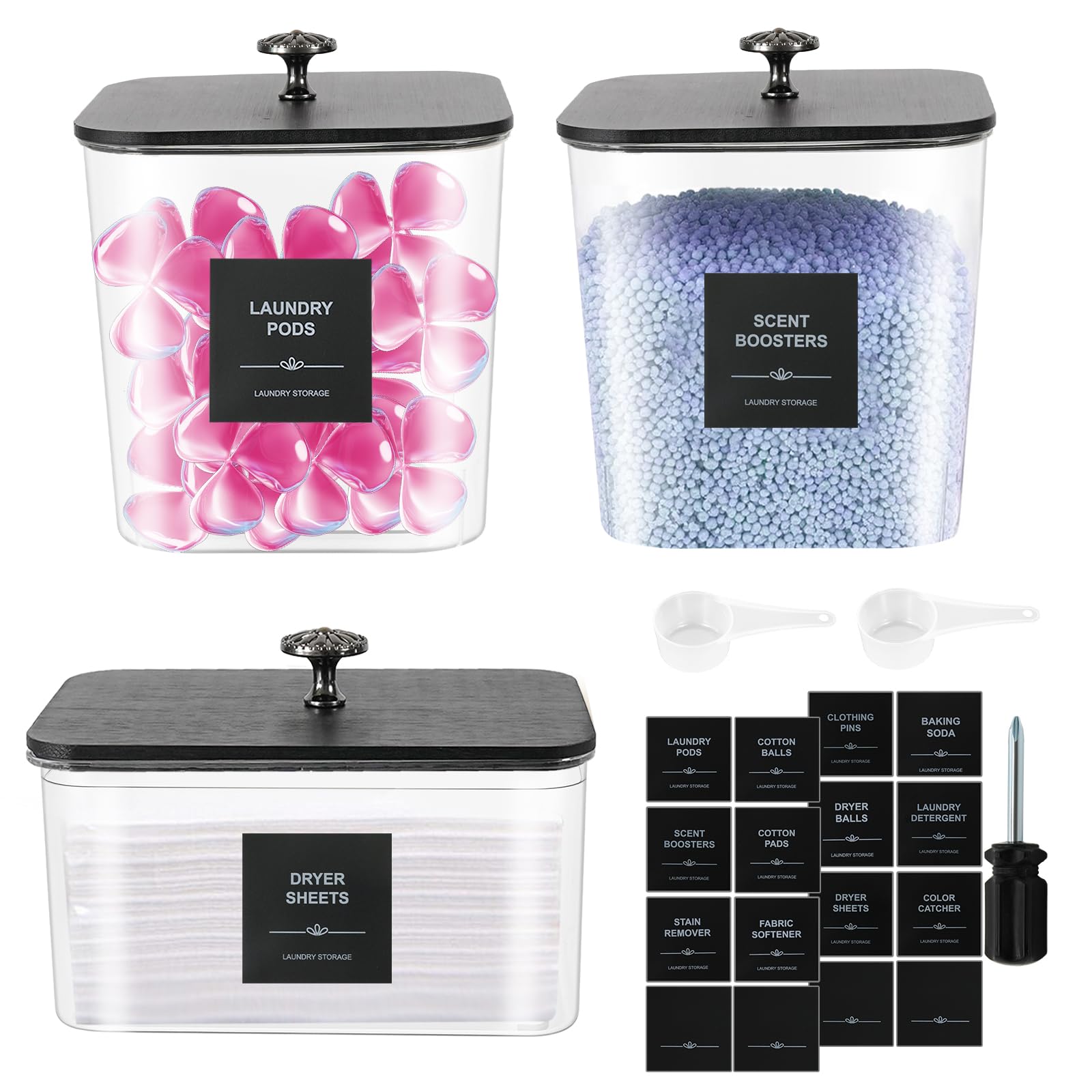 Skleptix 3 Pack Laundry Pods Container & Dryer Sheet Holder - Clear Plastic Laundry Room Organization Storage Containers with Black Lids, Scoops & Labels for Detergent Pods, Powder, Washing Beads