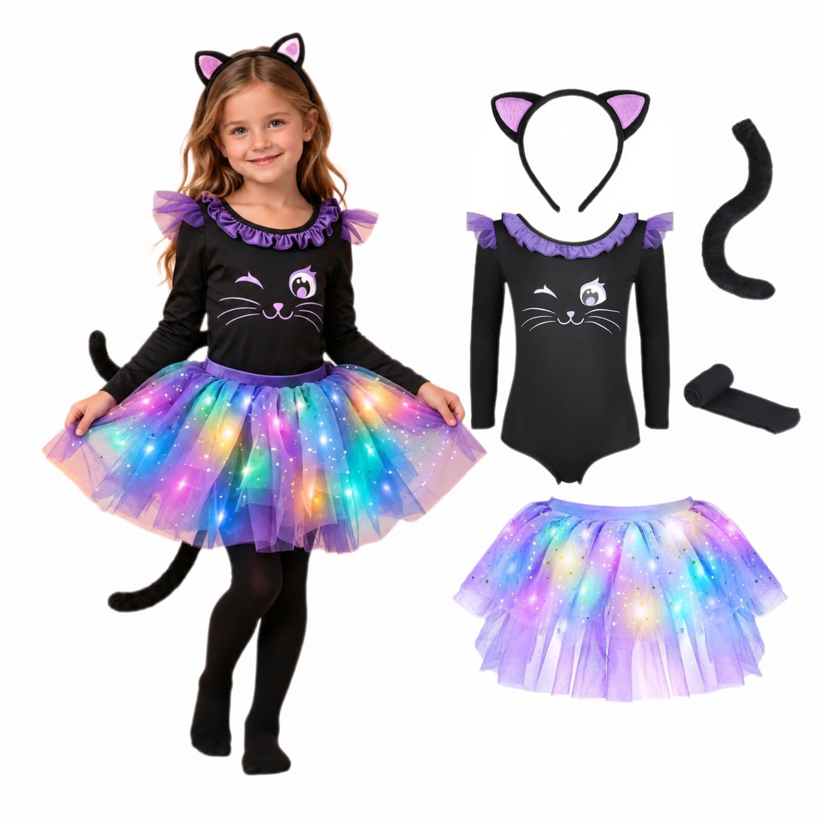 5PCS Girls Cat Halloween Costume Set Kids Fancy Dress Outfit
