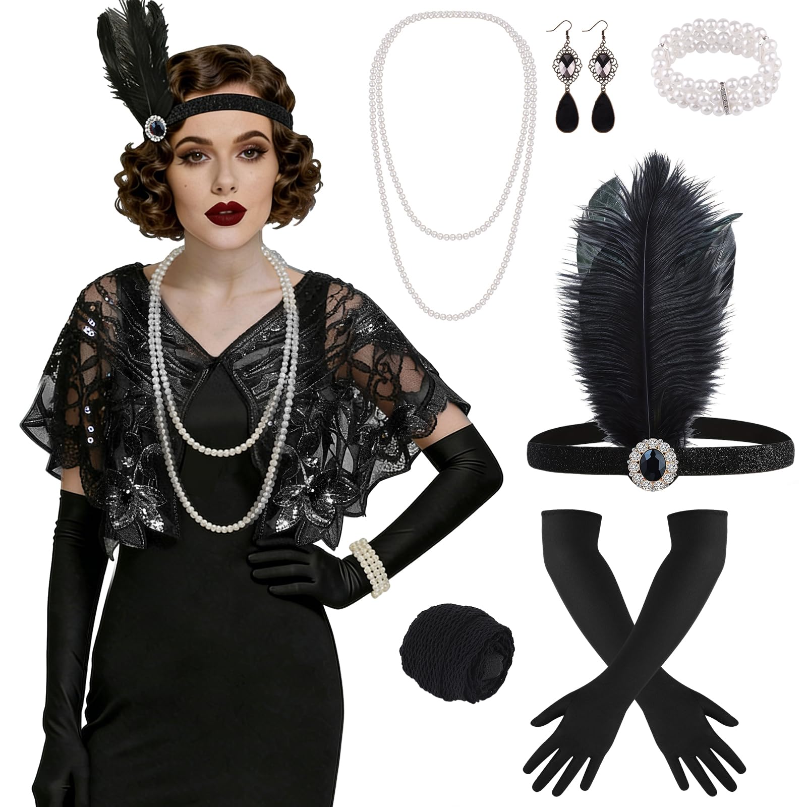 ELECLAND 10 Pieces 1920s Flapper Great Gatsby Accessories Set Fashion Roaring 20's Theme Set with Headband Headpiece Long Black Gloves Necklace Earrings for Women (Black (Style 5))