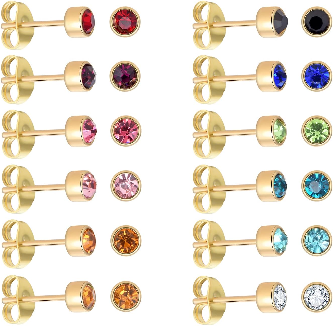 12 Pairs 18K Yellow Gold Plated Surgical Stainless Steel Stud Earrings CZ Stud Earrings for Women Cubic Zirconia Birthstone Stud Earrings Set 3mm 4mm 5mm 6mm