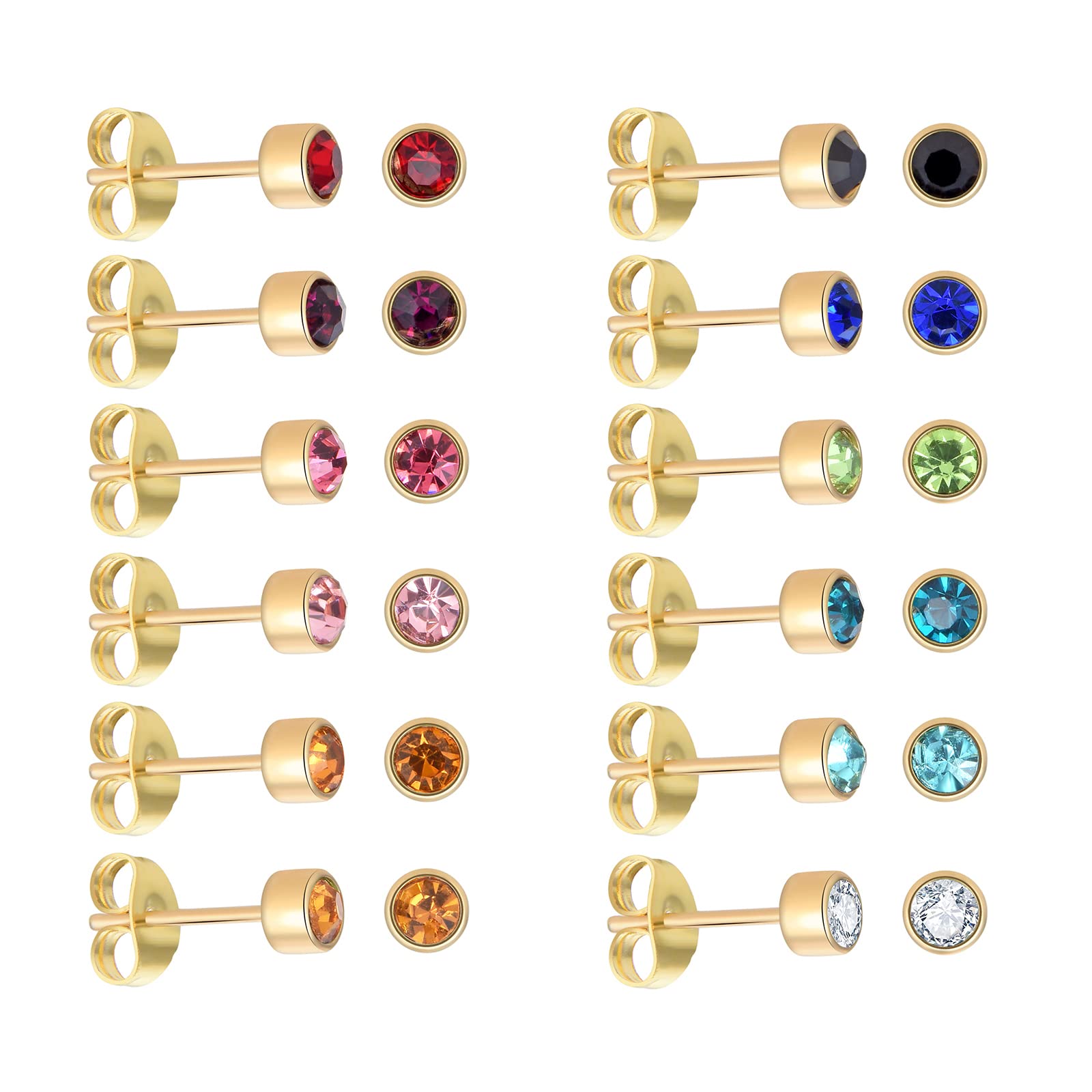 JMFENFA12 Pairs 18K Yellow Gold Plated Surgical Stainless Steel Stud Earring, CZ Stud Earrings for Women, Cubic Zirconia Birthstone Stud Earrings Set 4mm (Round 4mm), Stainless Steel, Cubic Zirconia