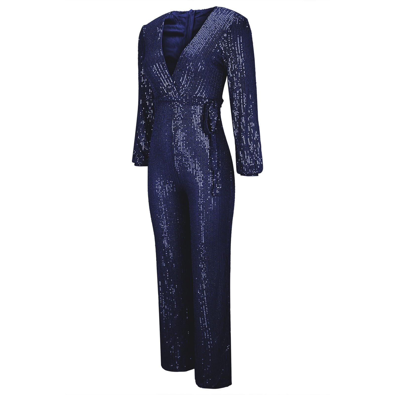 Combinaison à paillettes pour femme - Paillettes brillantes - Col en V - Manches longues - Barboteuse droite et large - Pantalon long, noir foncé, S
