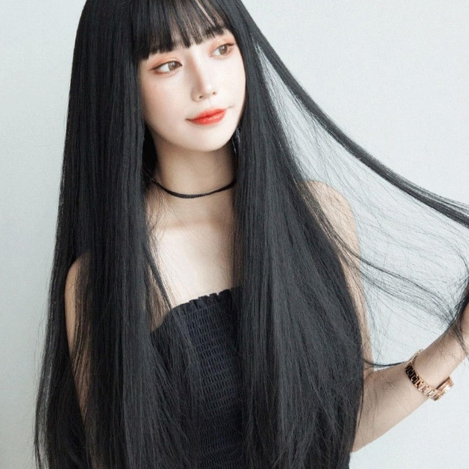 Parrucche lunghe nere lisce per donne, parrucche sintetiche di ricambio, parrucca per costume cosplay, uso quotidiano con frangia, resistenti al calore, alla moda, elegante, 28,3