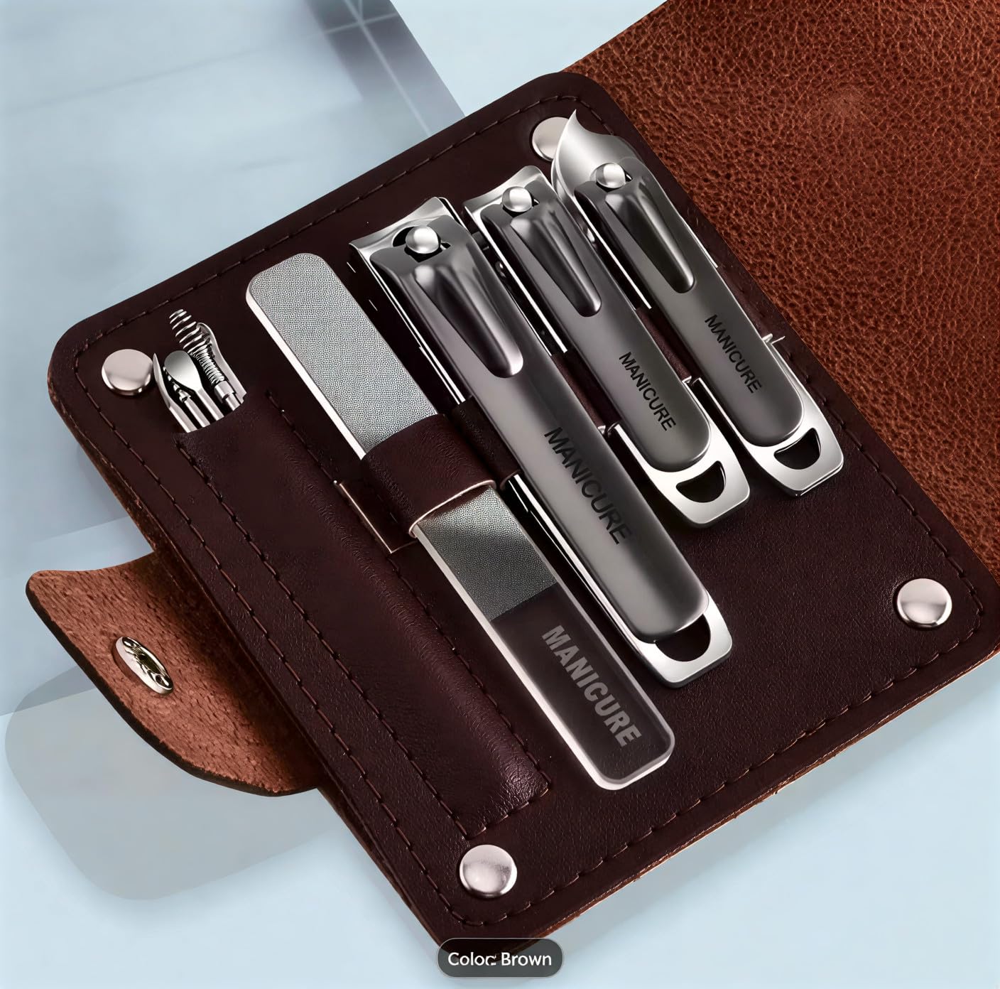 10-in-1 Manicure & Pedicure Kit – Stainless Steel Nail Clipper Set with Portable Travel Case (Brown)