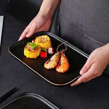 16-Piece Service for 4 Dinnerware Set, Porcelain Dinnerware Set, Fine China Plate, Square Plates Set,16 Pieces Porcelain Dinnerware Set, Gold Edge, Matte Black