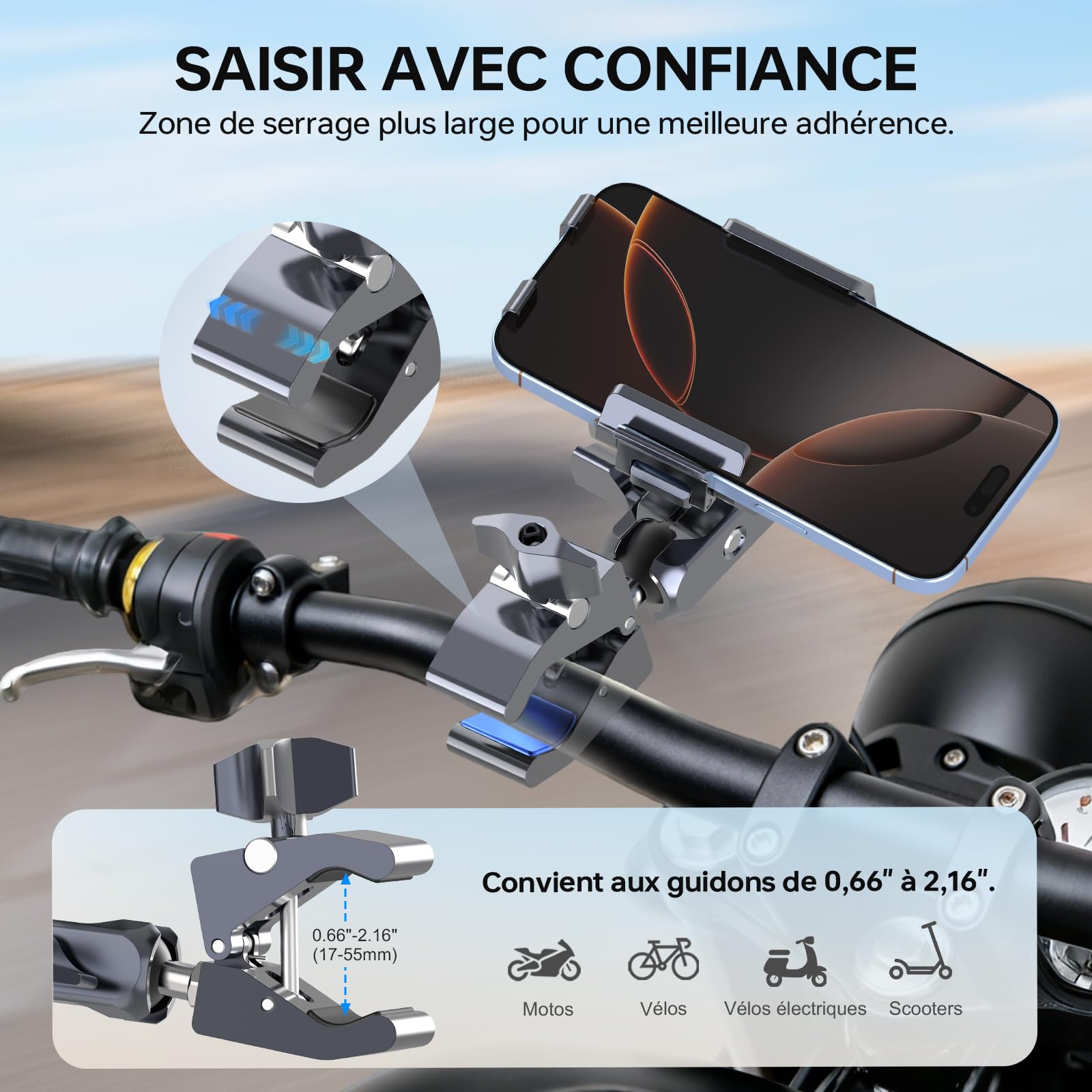 QX002 Support de téléphone pour moto avec amortisseur de vibrations (comprend une super pince + bras double prise + support de téléphone tout en un) réglable à 360 ° et support de téléphone en