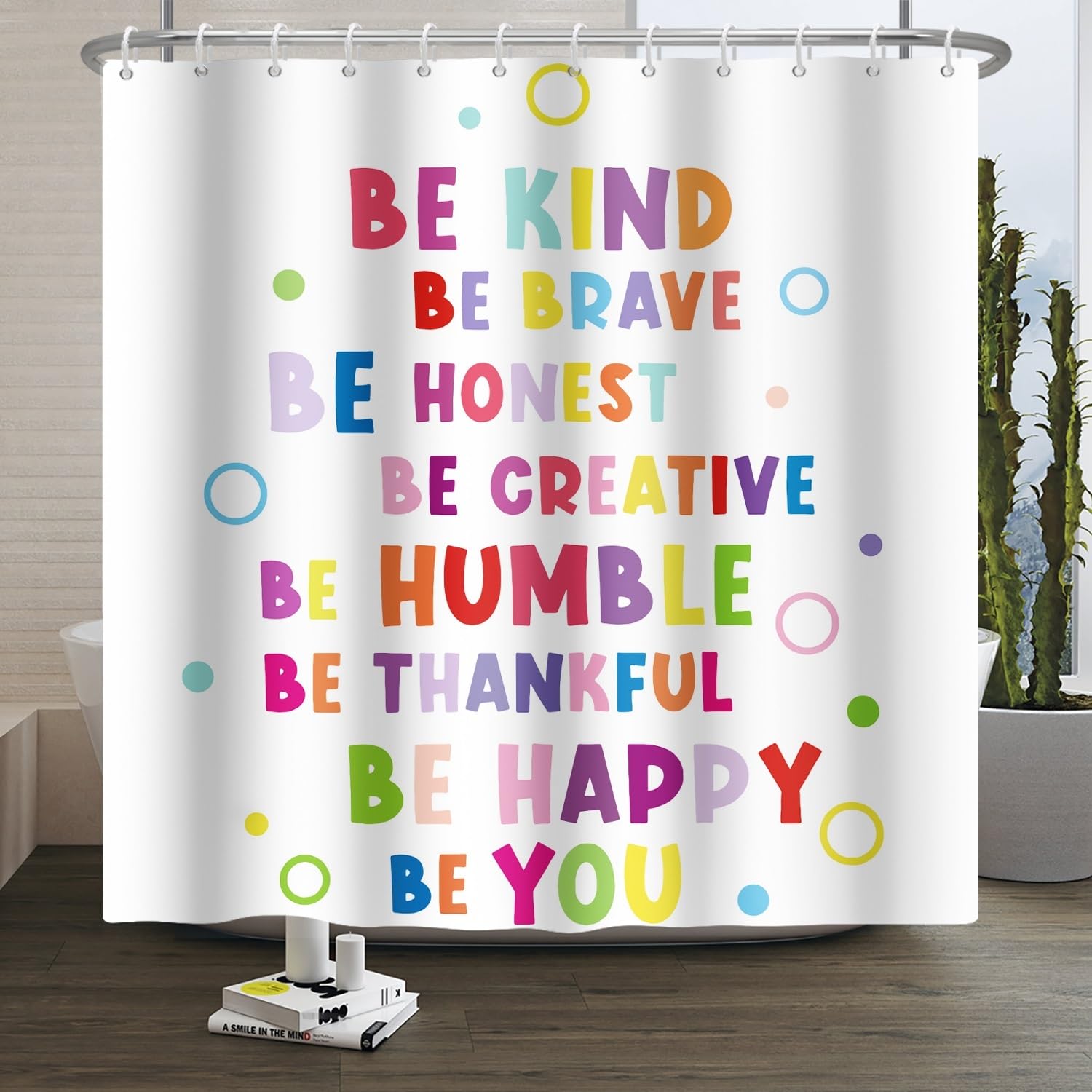 Xiaoterna White Shower Curtain Watercolor Interesting Motto Sentences Bathroom Curtain Colorful Character Circle Bubble Pattern Mould and Mildew Resistant Machine Washable Shower Curtains 180x180cm