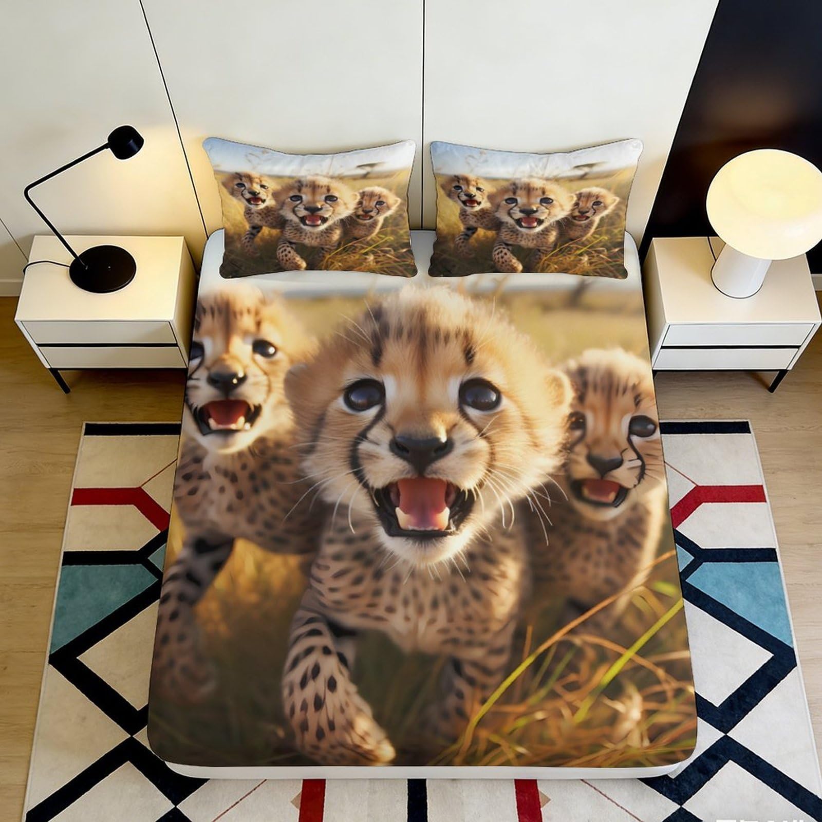 Pnayamiorkfel Style-9 3D Printed Cheetah Cubs Fitted Sheet Microfiber Soft Anti-Slip Animal Pattern Bed Cover For Bedroom Dorm Decor 90X200x25cm
