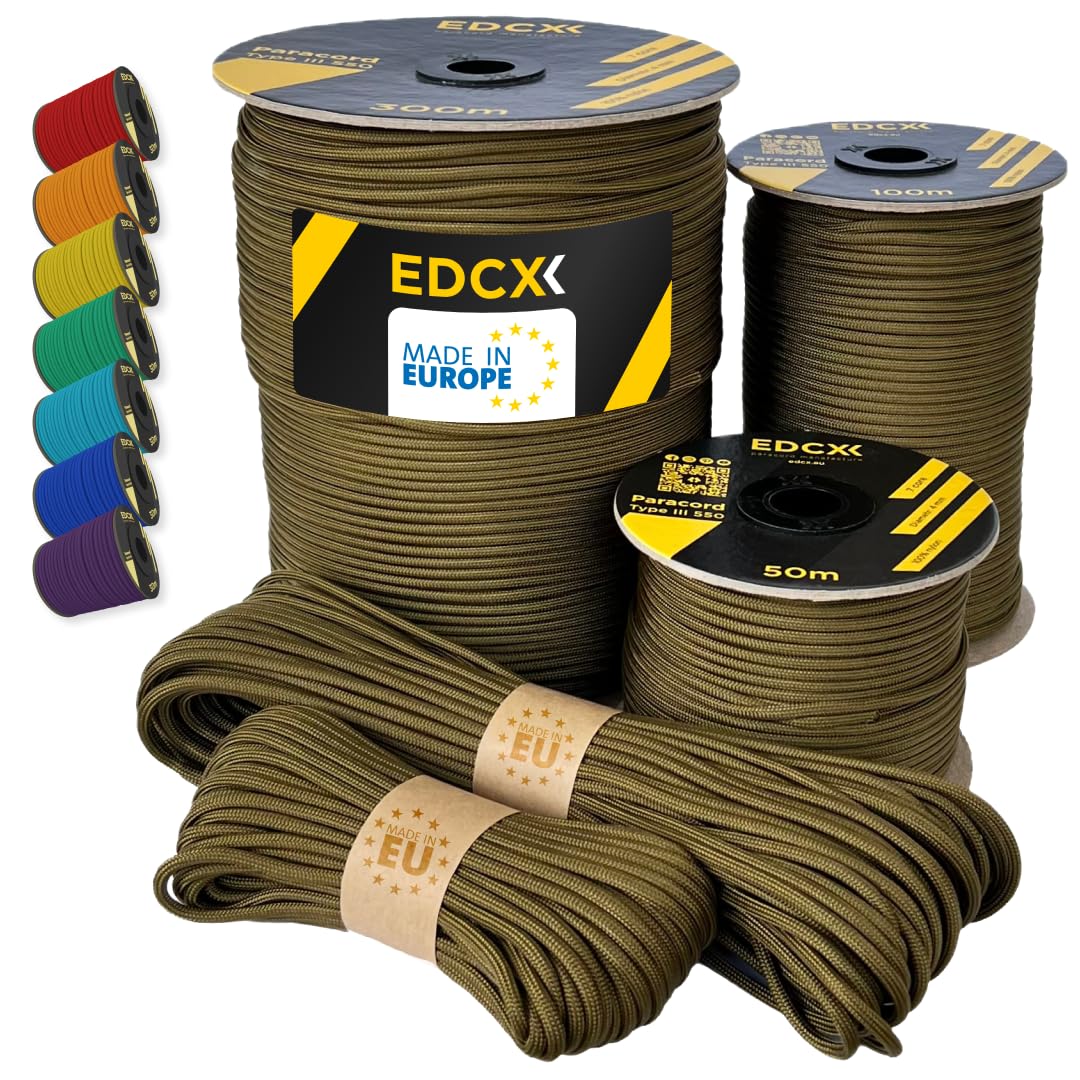 EdcX Paracord 4mm, 35+ Solid Colors (10m, 15m, 30m, 50m, 100m, 300m) | Ideal for Crafting, DIY, Camping, Survival, Outdoor | 100% Nylon Rope 4mm | Tactical Cord 550 Type III