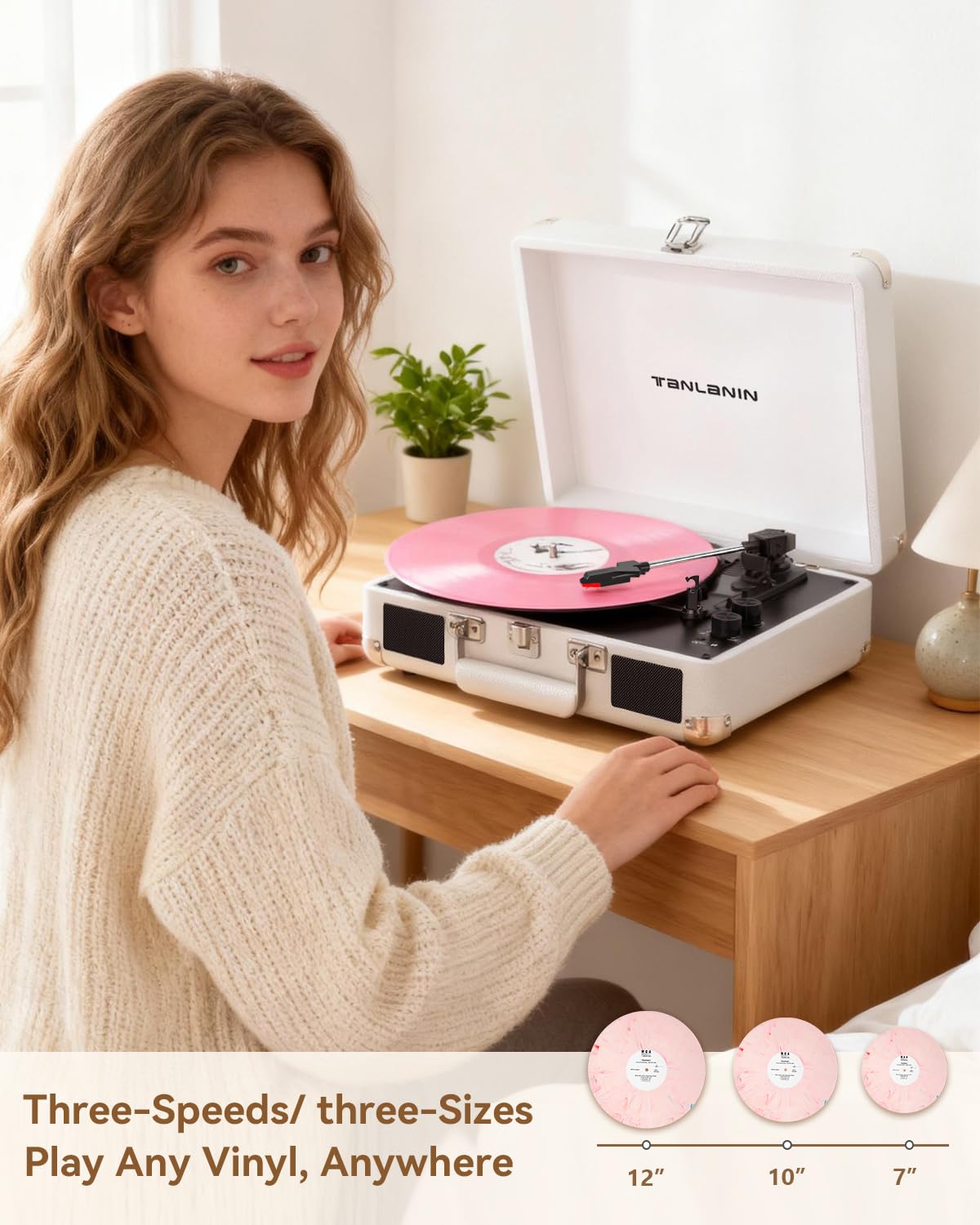 Tocadiscos de vinilo con altavoces integrados, tocadiscos Bluetooth de 3 velocidades para discos de vinilo, tocadiscos retro de maleta con control de graves y agudos, salida RCA AUX, conector para auriculares, elegante opción de regalo 2