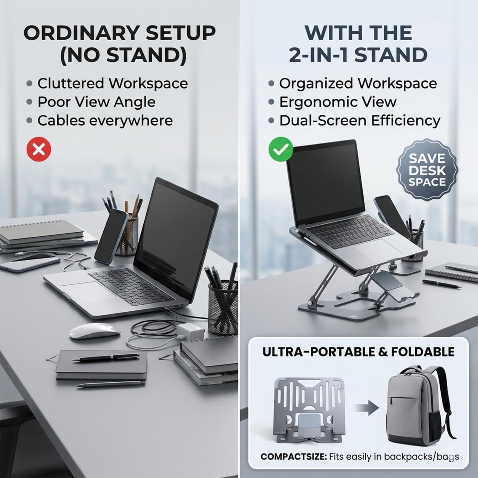Supporto per PC Portatile Regolabile in Altezza, 2-in-1 con Supporto per Telefono, Supporto Ergonomico per Notebook Pieghevole in Acciaio al Carbonio per 10-17,3 Pollici per Ufficio