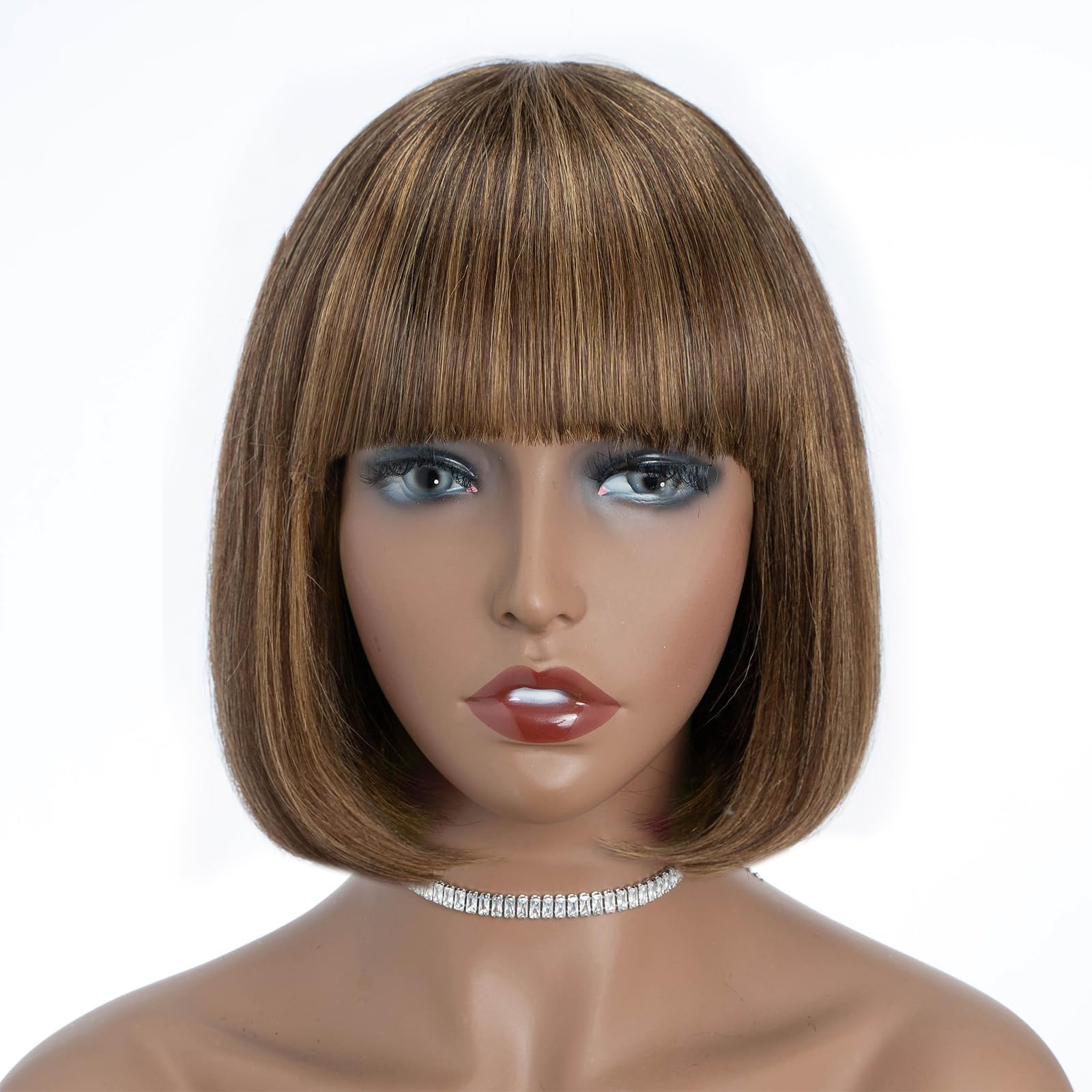 DÉBUT Short Bob Straight Wigs with Bangs Brazilian Virgin Human Hair Ombre Brown Mixed Blonde Glueless Bob Non Lace Front Wigs 8 Inches