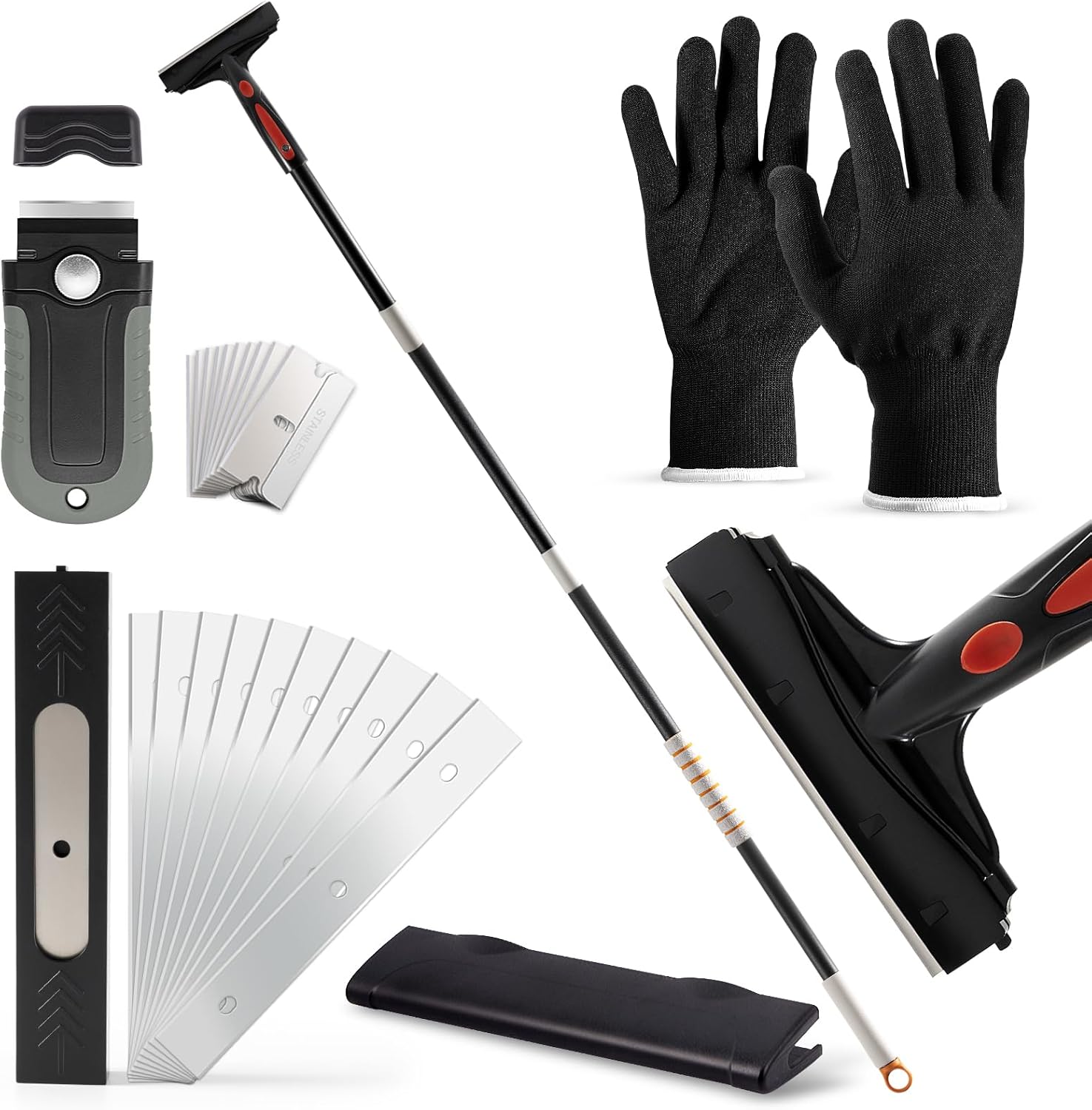 Gomake Floor Scraper Heavy Duty 6" Wide Razor Blade Scraper Tool with Adjustable 17‘’-59" （1.4ft- 4.9ft） Long Handle, 10PCS Extra Metal Blades