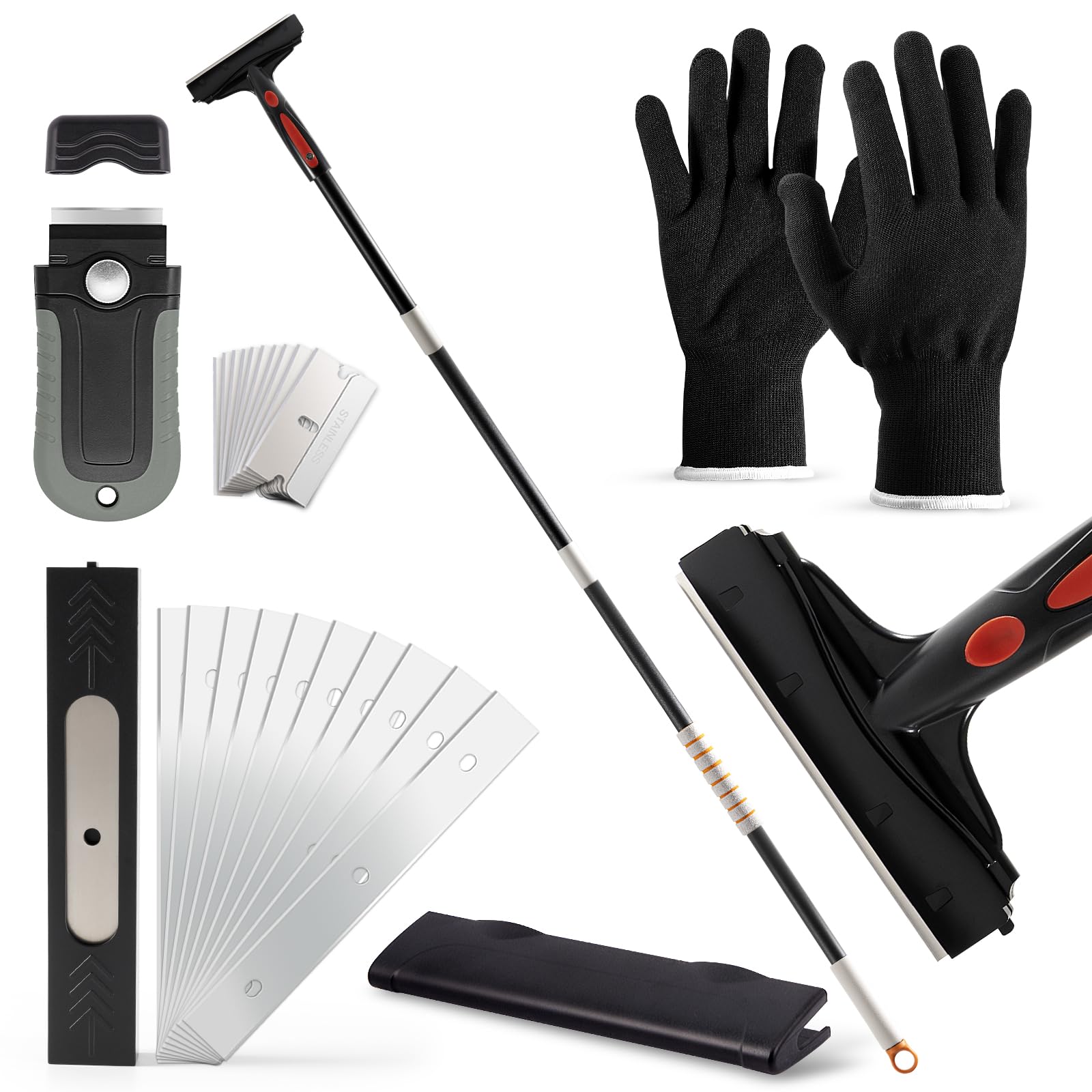 Gomake Extendable Floor Scraper Heavy Duty 6" Wide Razor Blade Scraper Tool with 17‘’-59" （1.4ft- 4.9ft）Long Handle, 10PCS Extra Metal Blades for Cleaning Glass Wall Gum Paint Tile Glue