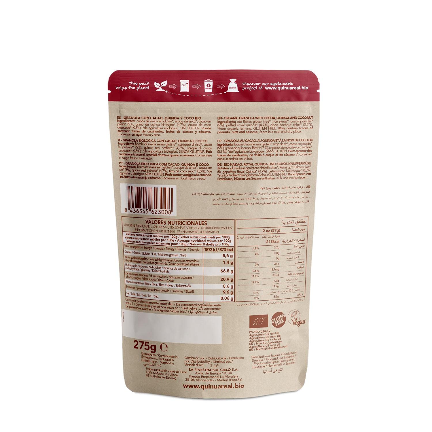 Granola de quinoa real con cacao y coco sin gluten BIO - Quinua Real - 275g