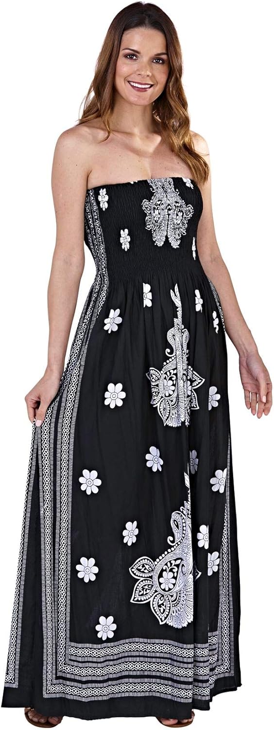 Ladies Elasticated Bandeau Long Maxi Summer Strapless Dress