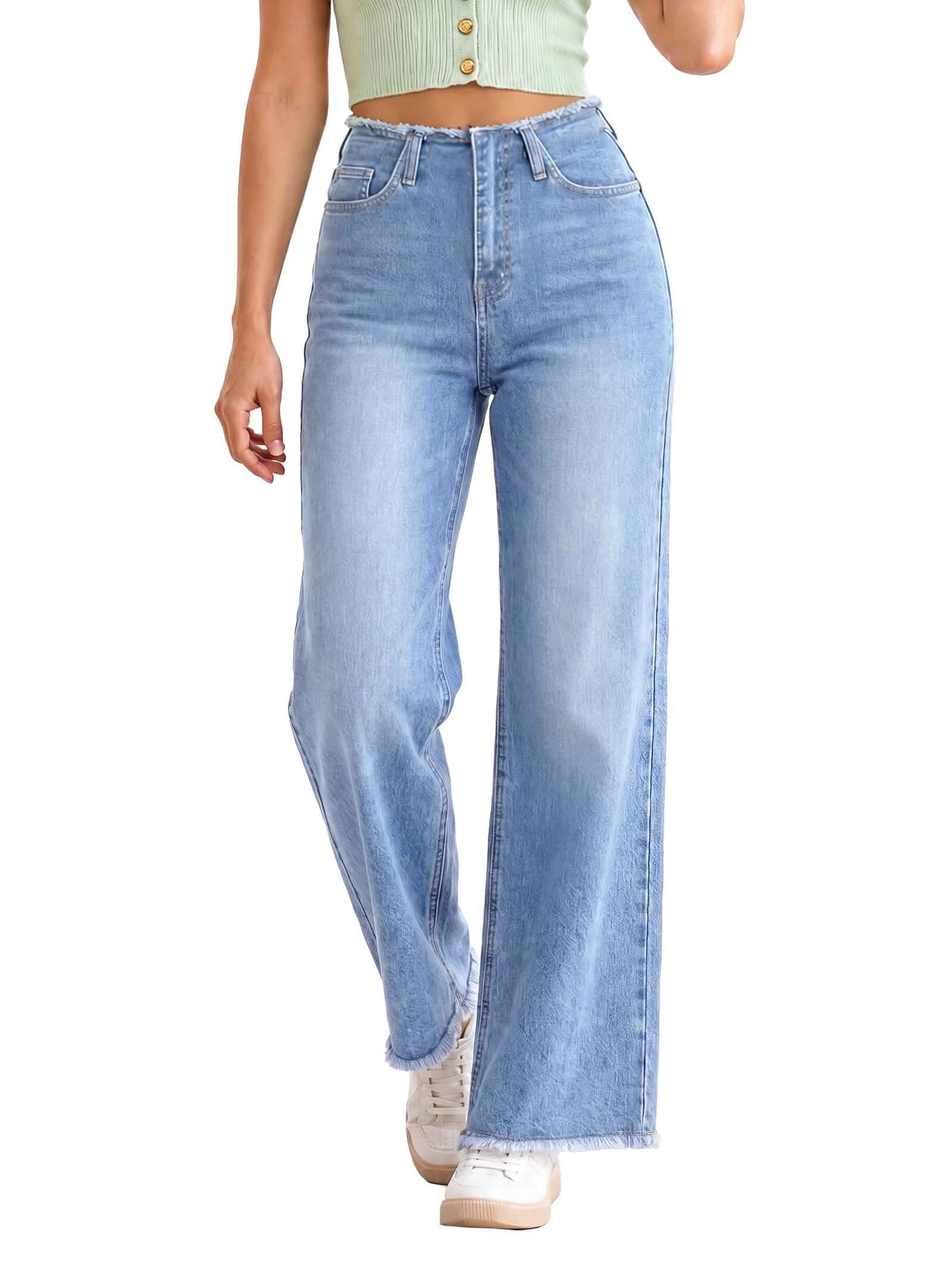 EMMIOL Women Wide Leg Jeans Mid High Waist Stretchy Baggy Denim Pants Soft Comfortable Jeans Women with Pockets,Lady Basic Full Length Denim,Relaxed Fit Casual Daily Wear Trousers Clothing