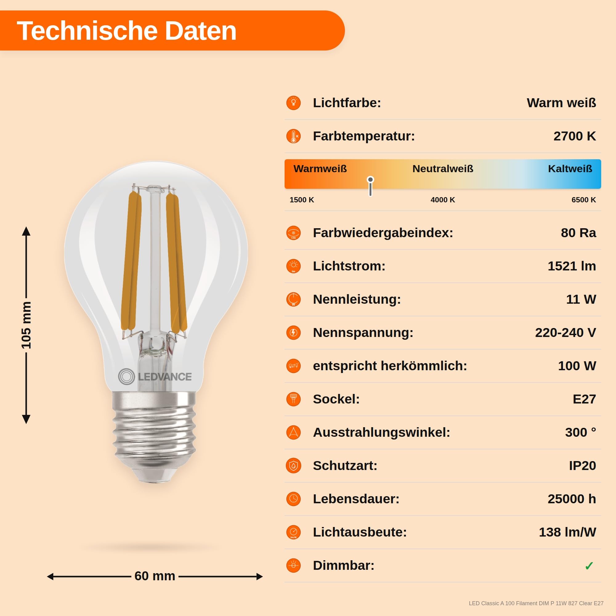 LEDVANCE 10 x LED-Lampe mit Filament-Design, E27, dimmbar, Kolbenform, 1521 lm, 11W, Netzspannung, für Allgemeinbeleuchtung, 10er SPARPACK