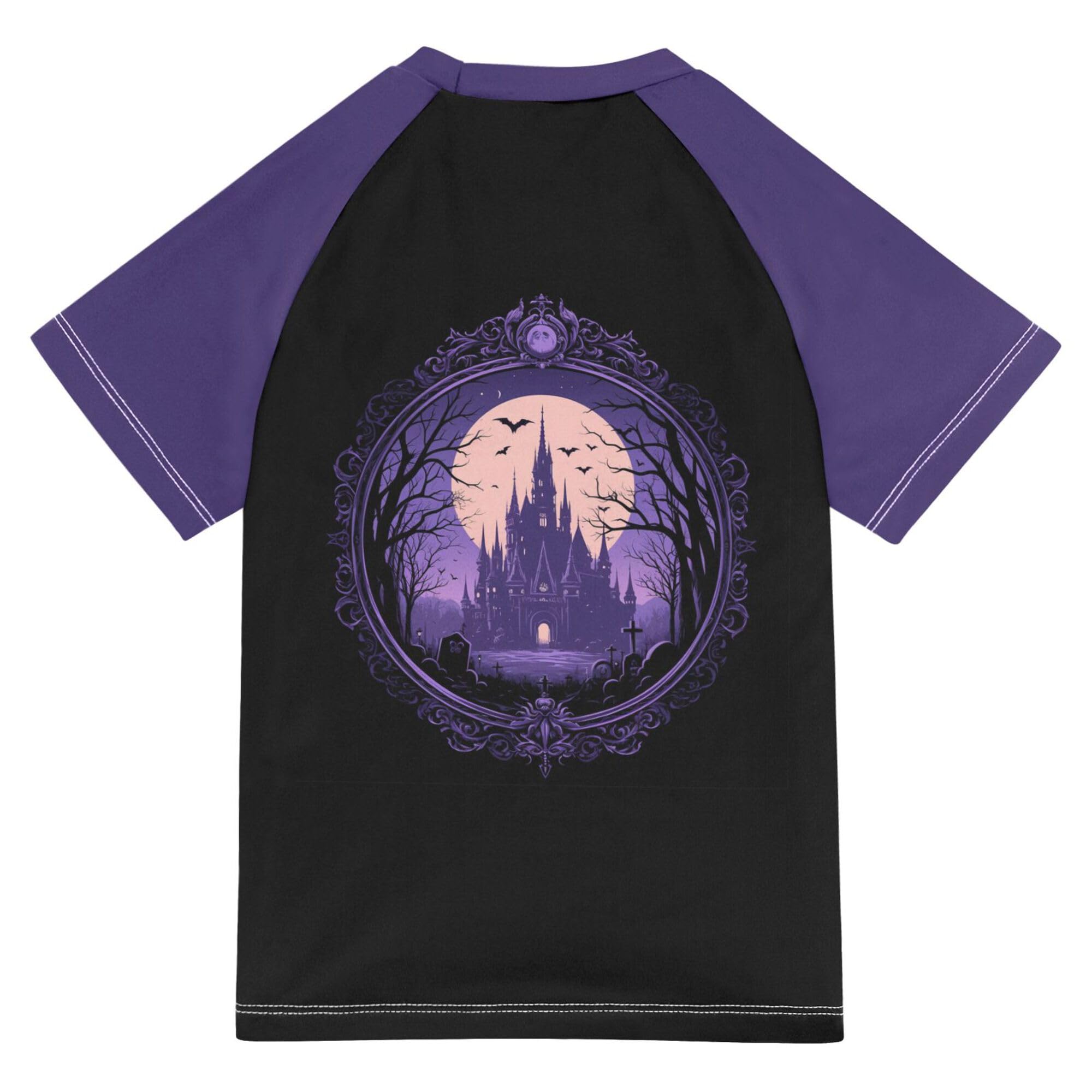 Wudan Halloween Goth Castle Purple Girl Bathing Suit Short Sleeves Rash Guard Swimsuit Swimwears Active Shirts for Little Boys 9-10Y