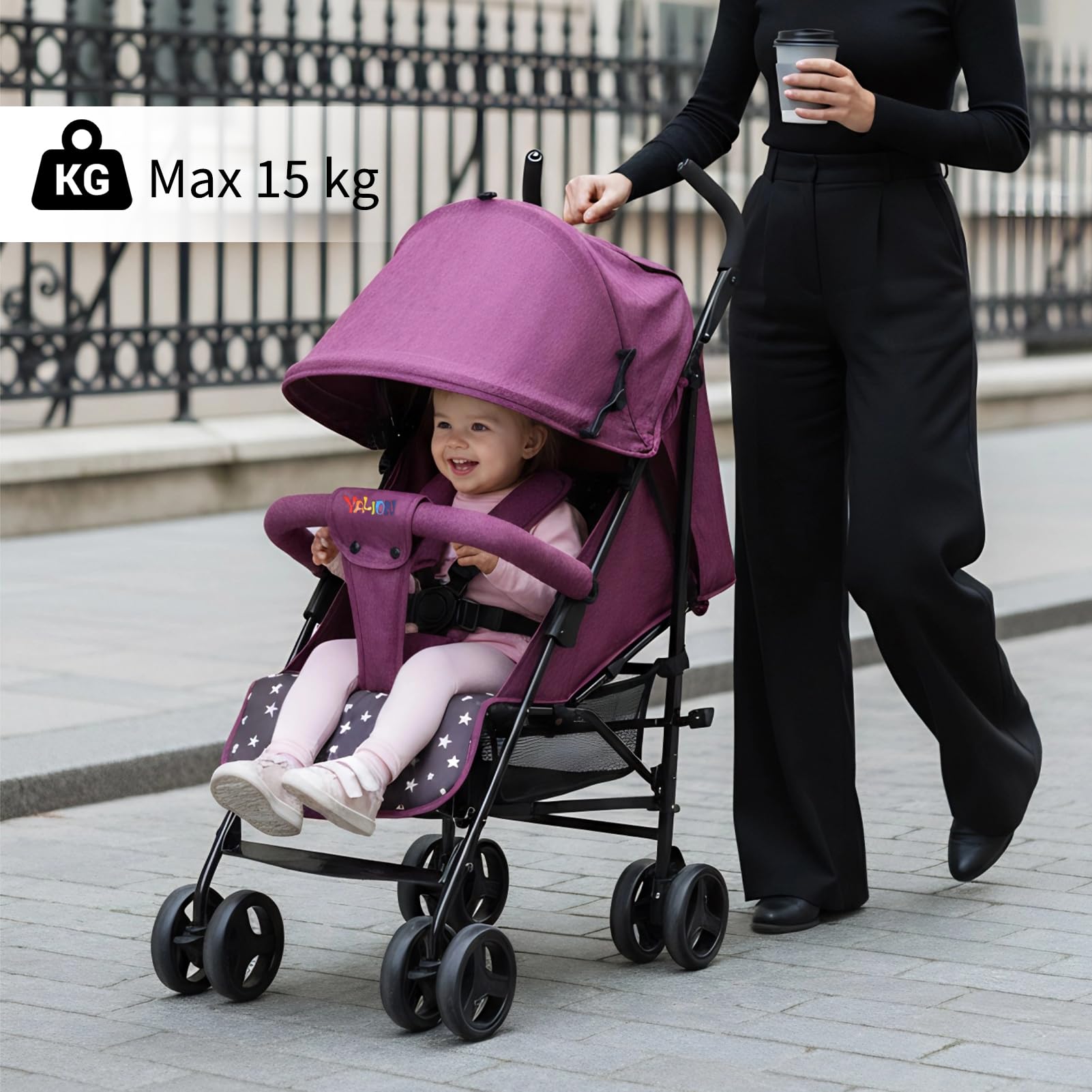 YALION Kinderwagen Buggy Reisebuggy Klein Zusammenklappbar- 5 Liegepositionen, Beinwärmer, Einkaufskorb, Sonnenverdeck, 360° Räder, Kinderbuggy bis 15KG-Purple