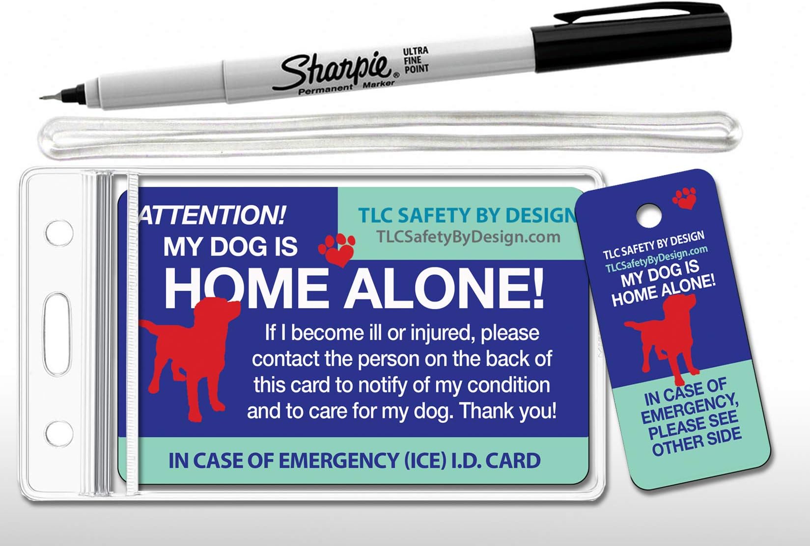 My Dog is Home Alone Pet Alert Emergency ICE ID Plastic Wallet Card and Keytag with Emergency Contact Call Card (Qty. 1 Complete Bundle from TLC)