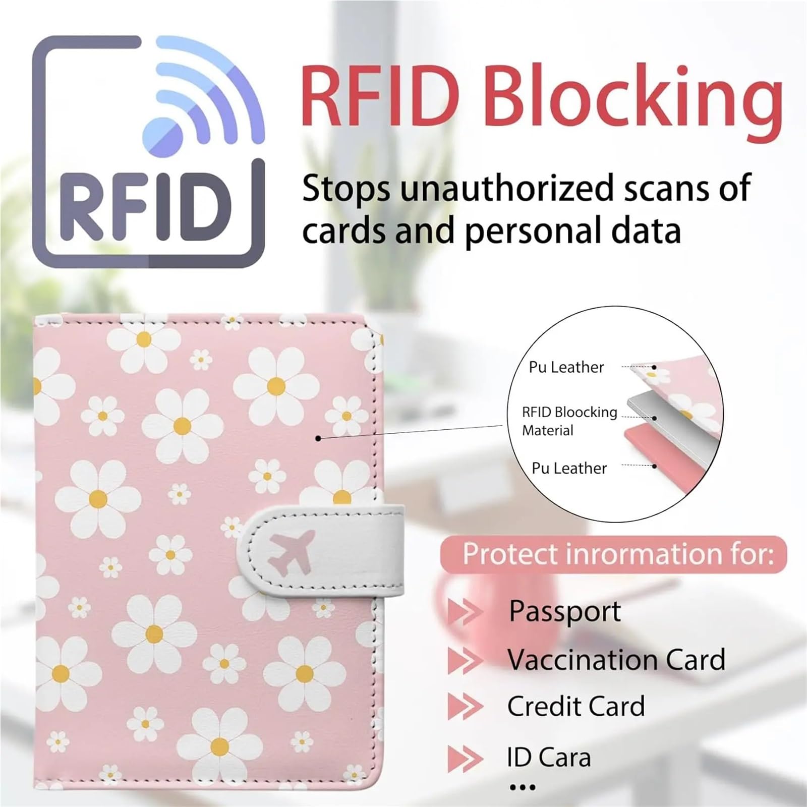 Porta passaporto in pelle con blocco RFID chiusura magnetica e passante for penna for gli oggetti essenziali da viaggio