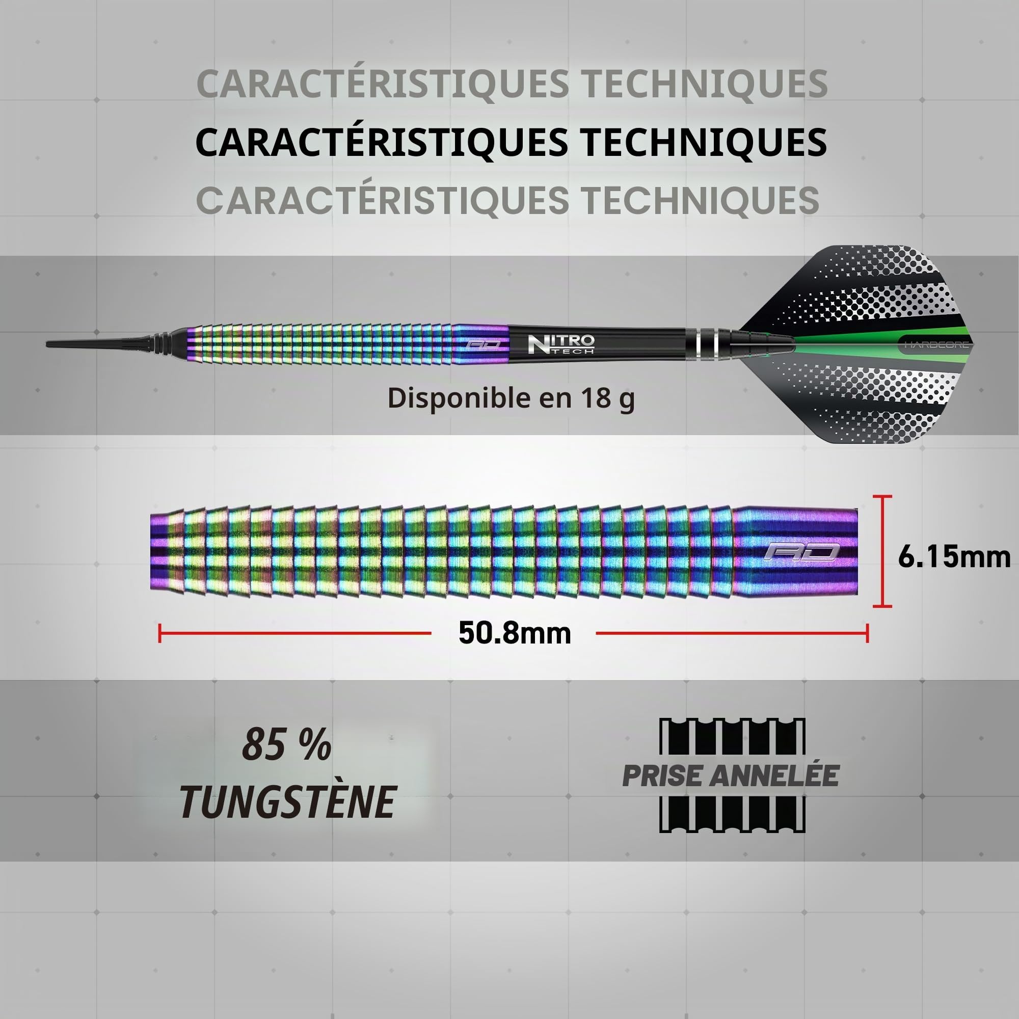RED DRAGON Razor Edge Spectron Fléchettes en tungstène Softip 18 grammes avec ailettes et tiges