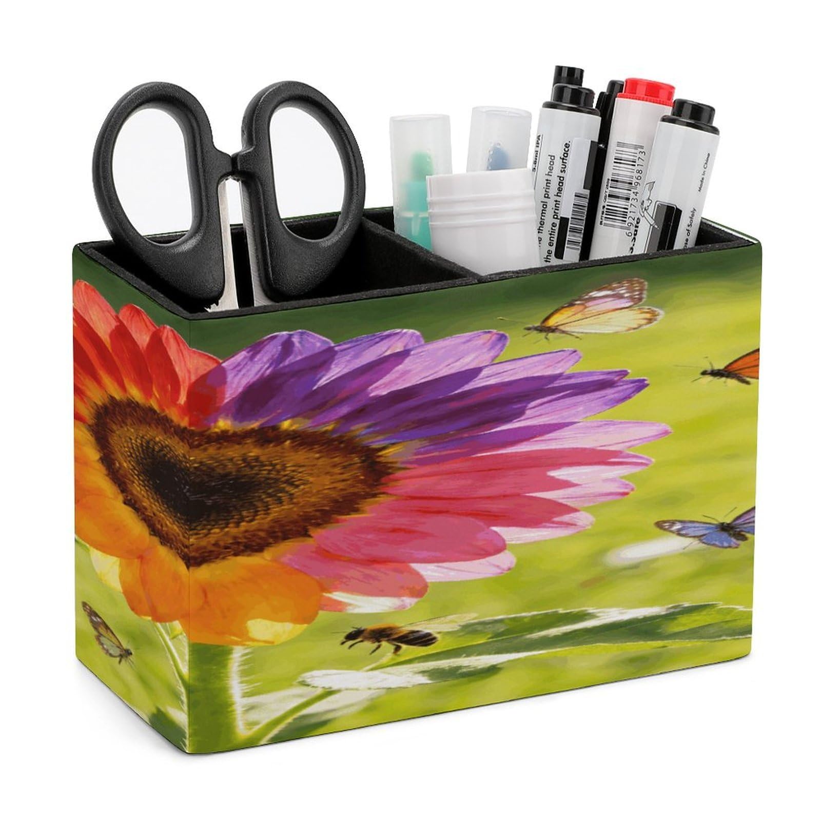 LZQPOEAS Colorful Sunflower Pen Holder Double Compartments Pen Cup Makeup Brush Holders Leather Pencil Holder Locker Organizer for Work Locker Accessories Modern Pencil Cup for Desk