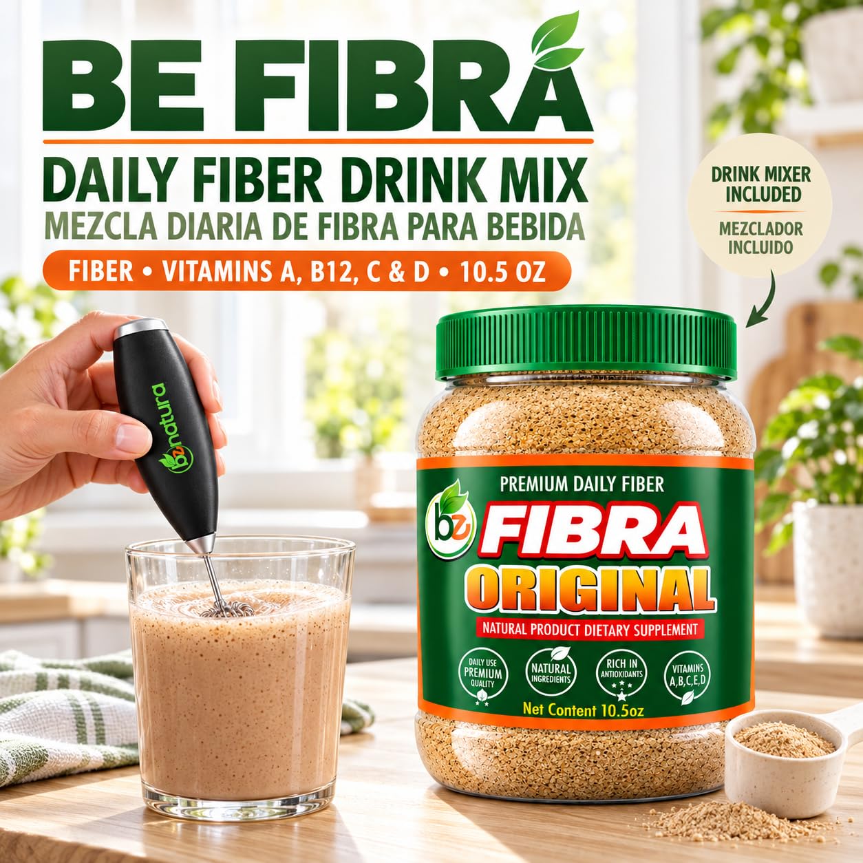 BE Fibra–Daily Fiber Drink Mix, 10.5 oz, with Vitamins A, B12, C & D, Includes Drink Mixer,Plant-Based Formula, Vegan, Non-GMO, Authentic by BexpertsUSA — Amazon image 2