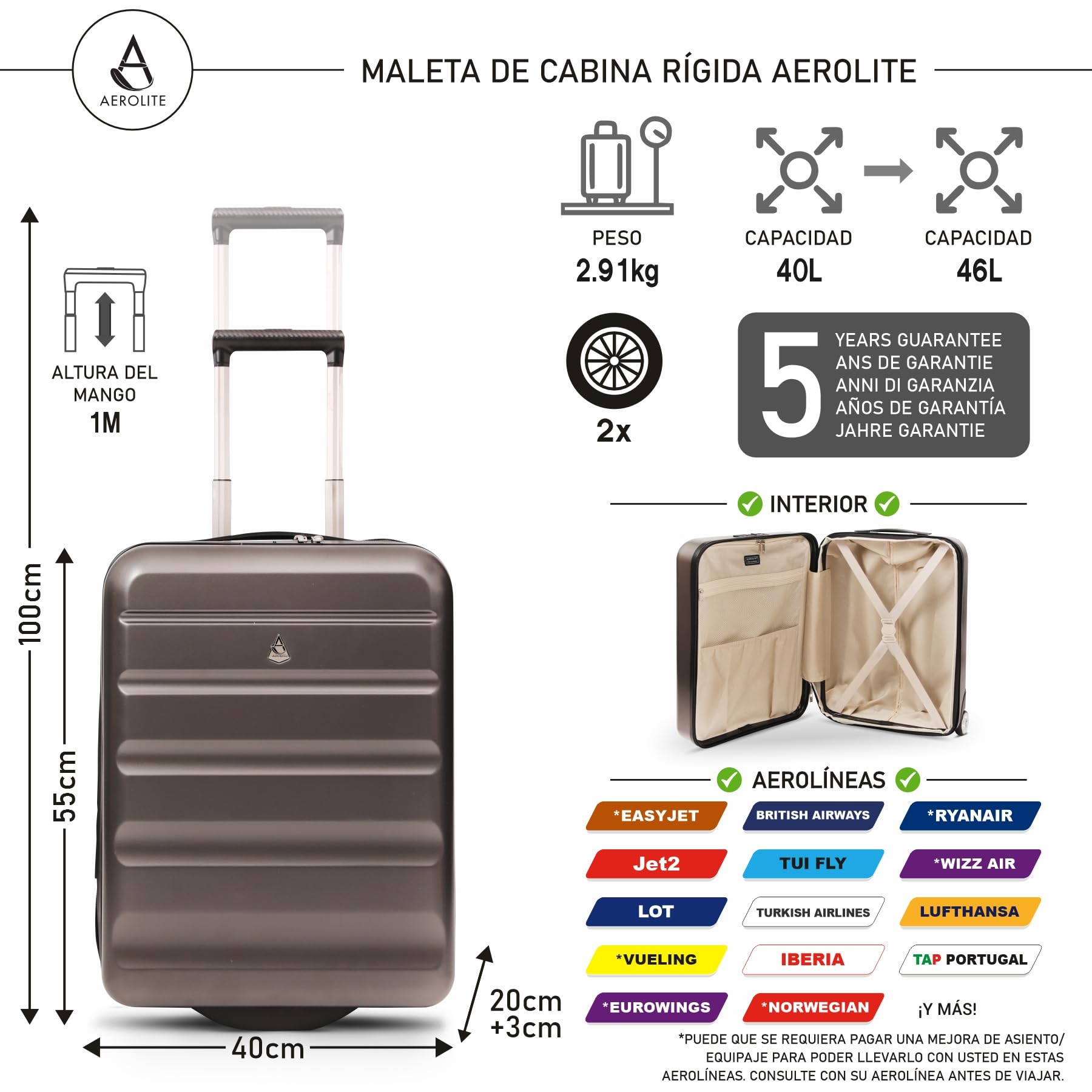 Aerolite 55x40x20cm Maleta de cabina Equipaje de mano rígida ligera 55x40x20 con 2 ruedas y Candado aprobado por la TSA, Aprobada por Ryanair Prioridad, Veuling Tap Portugal y muchas otras Aerolíneas
