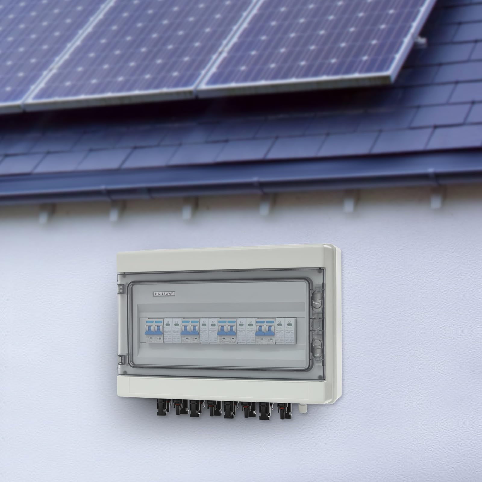 Rozdzielacz łańcuchów PV, 4 struny, DC 1000 V, prąd znamionowy 15-25 - 40 A na string, IP65 do montażu na zewnątrz, zintegrowane zabezpieczenie przed przepięciem typu 2, solarna skrzynka