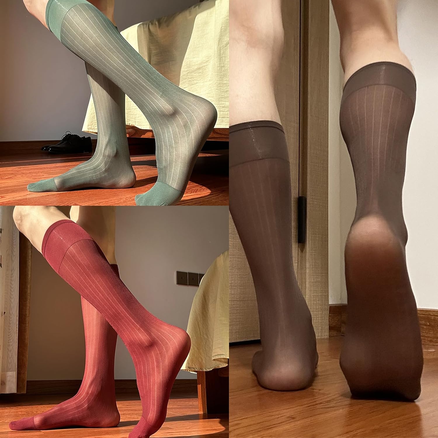 Mens Business Nylon Sheer Dress Socks Silk Over the Calf Wide Stripe Stockings See Through Silk Over the Calf Socks